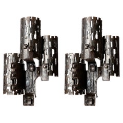 Pair Large Unique Brutalist Sconces Wall Lights, Black Metal Wrought Iron, 1970