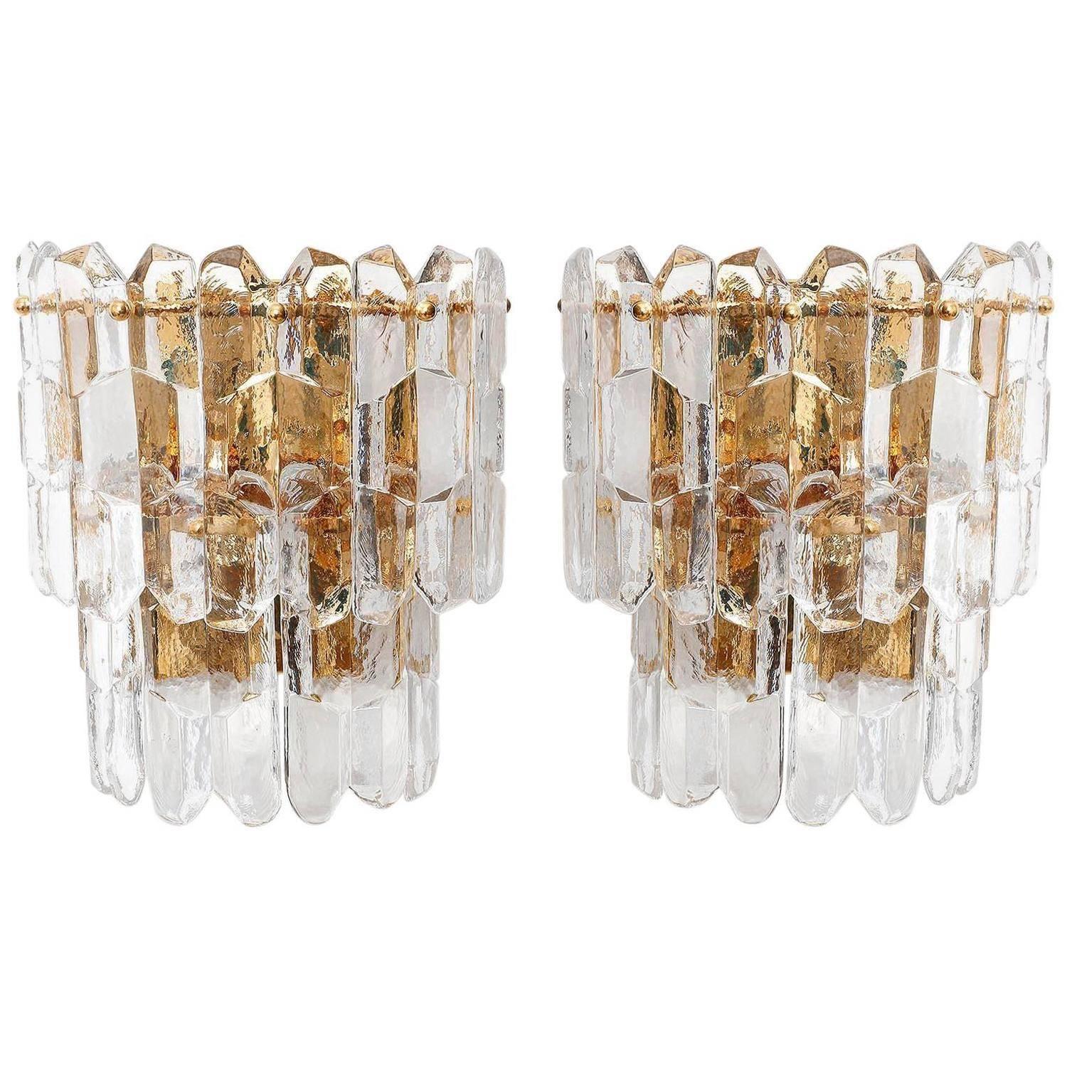 Two Large Kalmar Chandeliers Pendant Lights 'Palazzo', Gilt Brass Glass, 1970 3