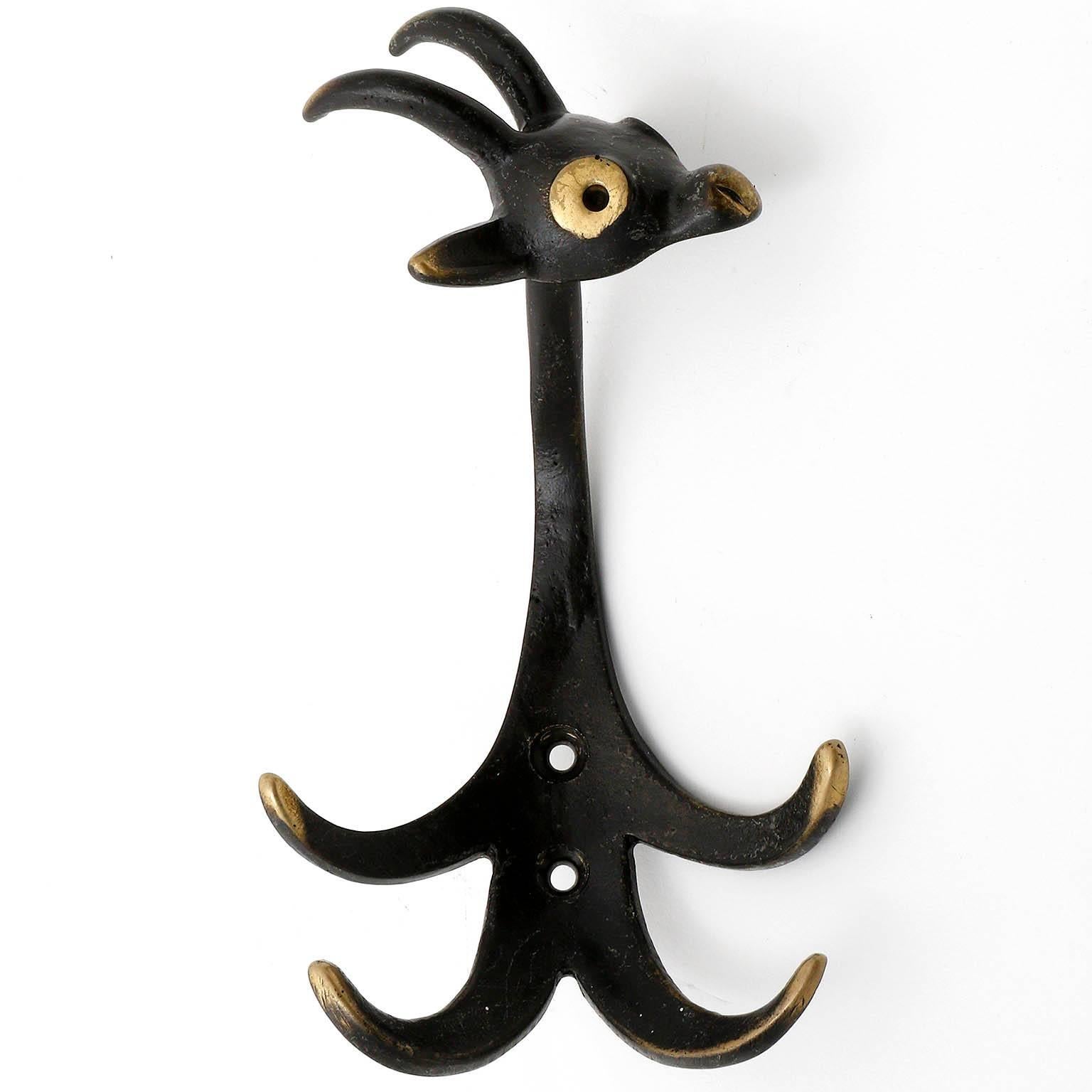 Mid-20th Century Monkey Coat Wall Hook Hanger Blackened Brass by Walter Bosse, Austria, 1950