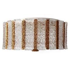 One of Two Flush Mount Lights, Gilt Brass Textured Glass, 1970s