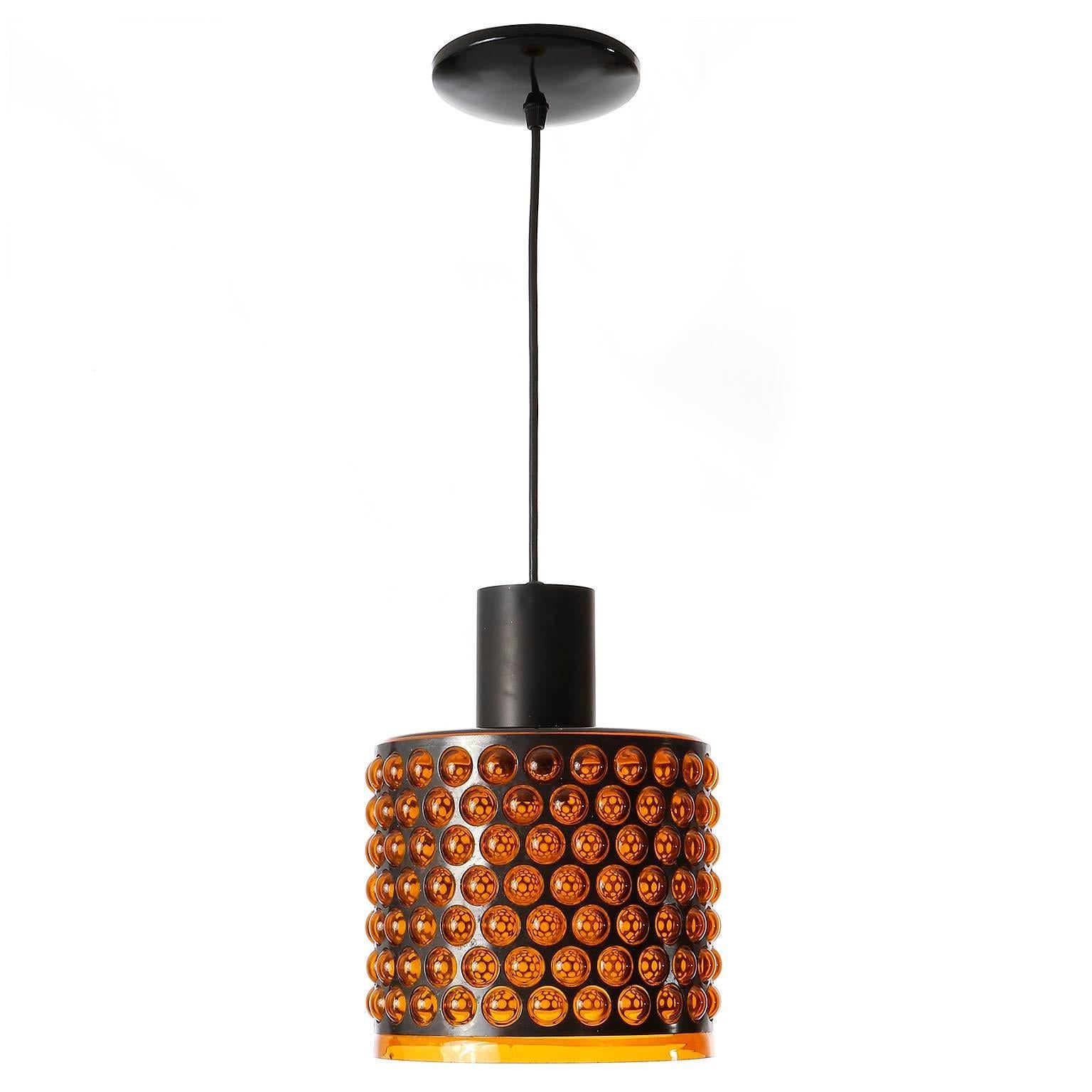 Late 20th Century Pendant Light, Orange Acrylic Glass Black Metal, 1970