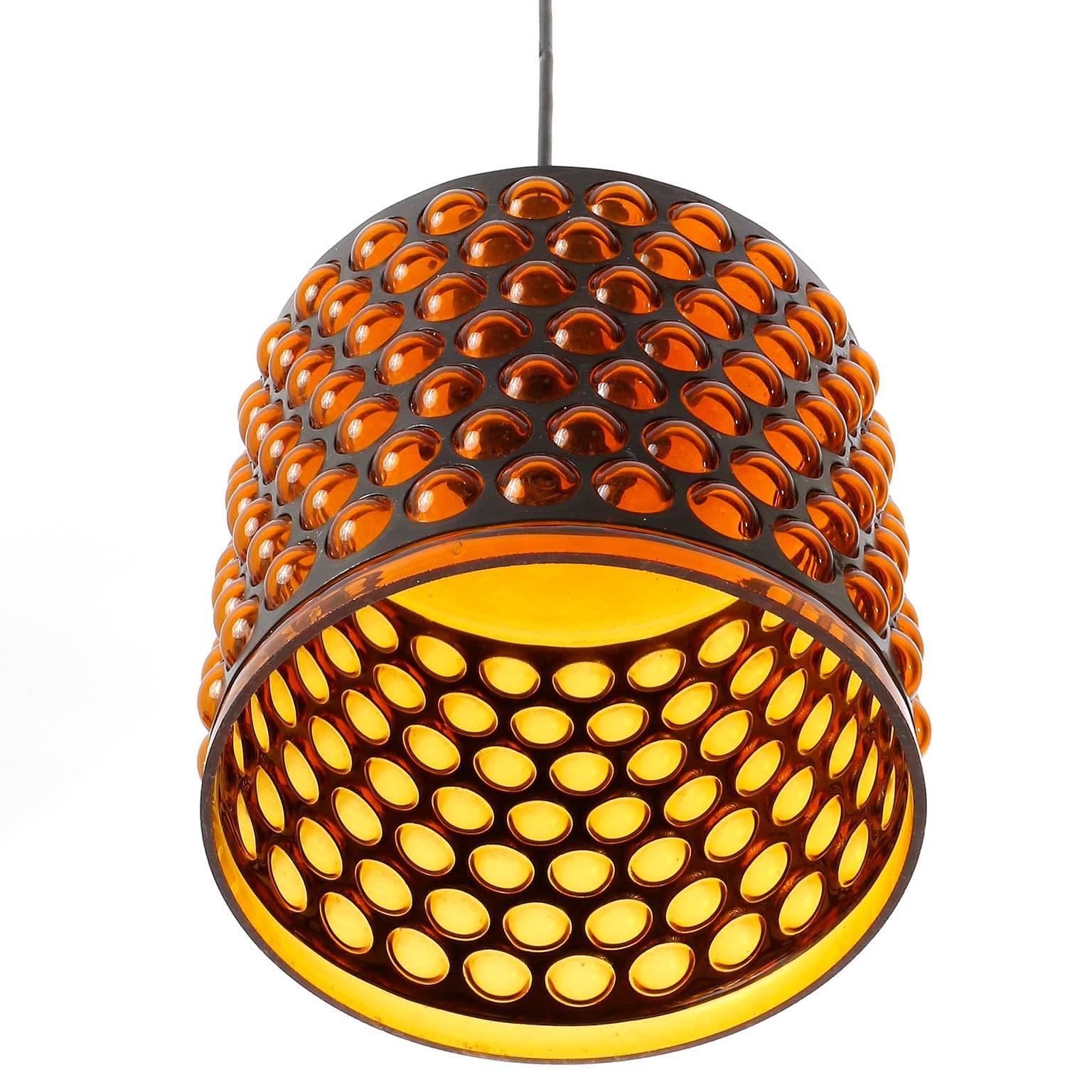 Mid-Century Modern Pendant Light, Orange Acrylic Glass Black Metal, 1970