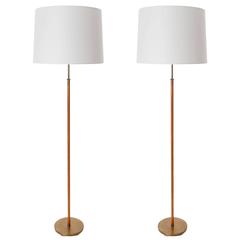 J.T. Kalmar Floor Lamps, Patinated Brass Leather, Height Adjustable, 1960s