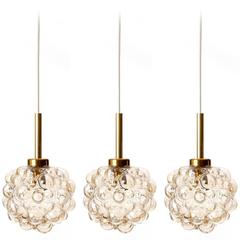 Three-Pendant Lights, Helena Tynell for Limburg, Brass Amber Bubble Glass, 1970