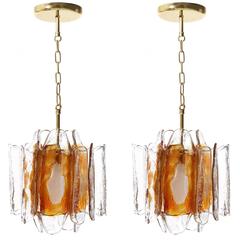 Pair of Kalmar Pendant Lights, Orange Murano Glass Brass, 1970s