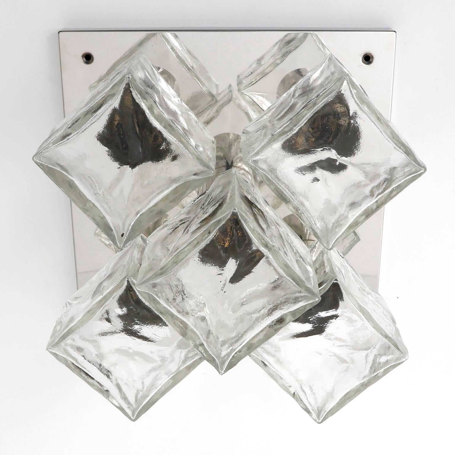 Late 20th Century Four Modulare Kalmar Flush Mount Lights or Sconces, Chrome Cast Glass, 1970 For Sale