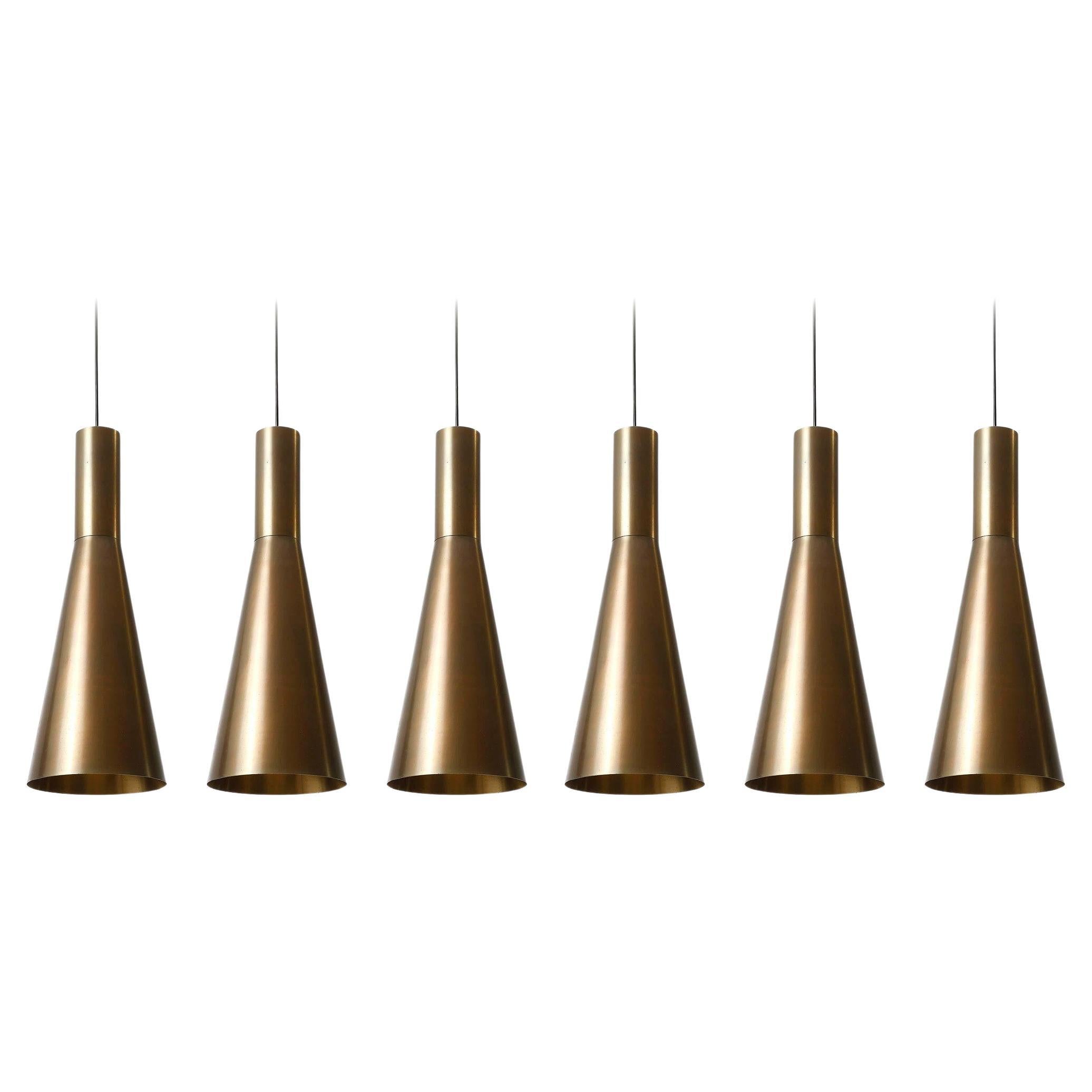 One of Six Large Patinated Brass Pendant Lights, 1960s