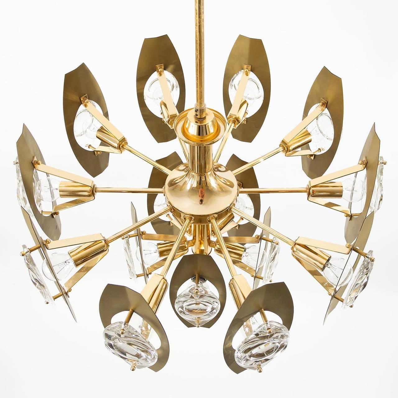 Mid-20th Century Two Oscar Torlasco Chandeliers, Glass Gilt Brass, Italy, 1960s