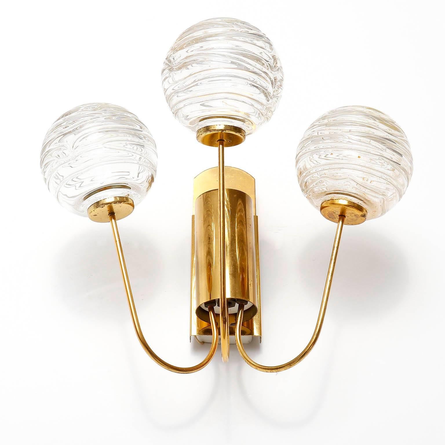 Mid-Century Modern Doria Sconces Wall Lights, Glass Brass, 1960s