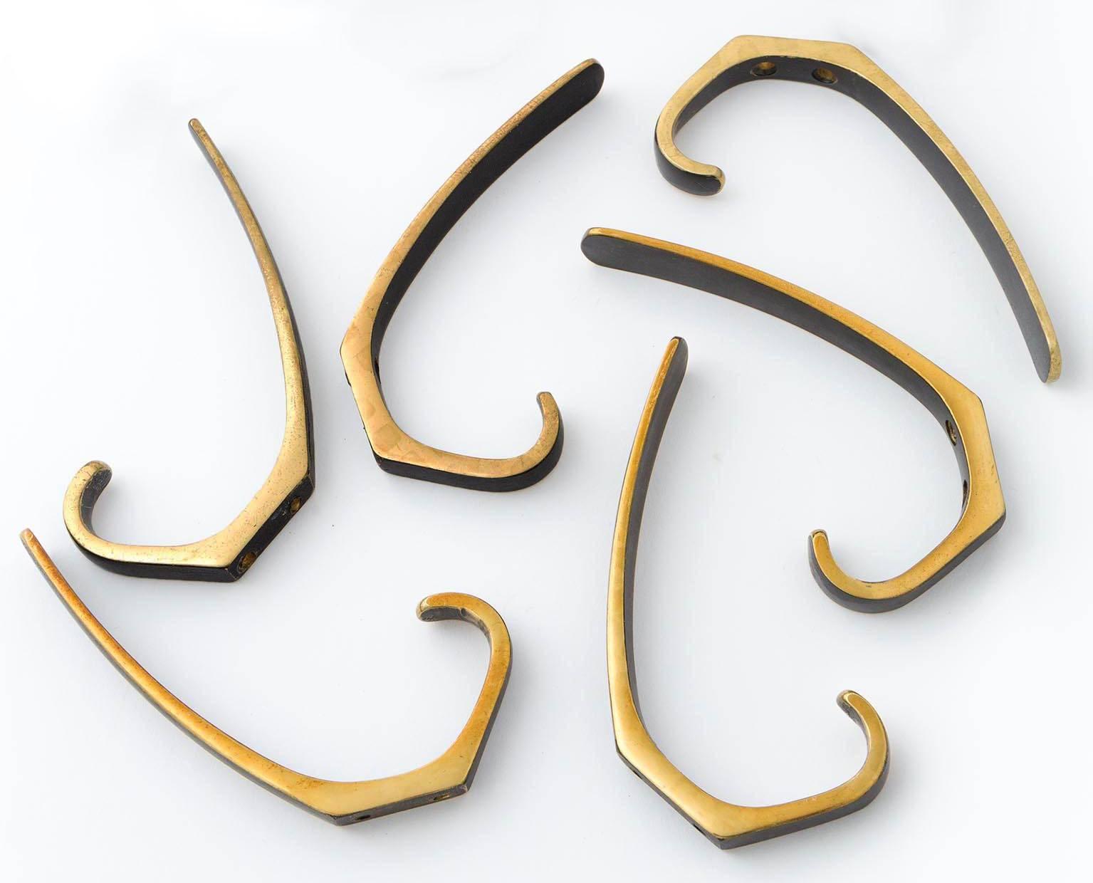 Blackened Six Coat Wall Hooks Brass by Hertha Baller, Carl Auböck Style, Austria, 1950s