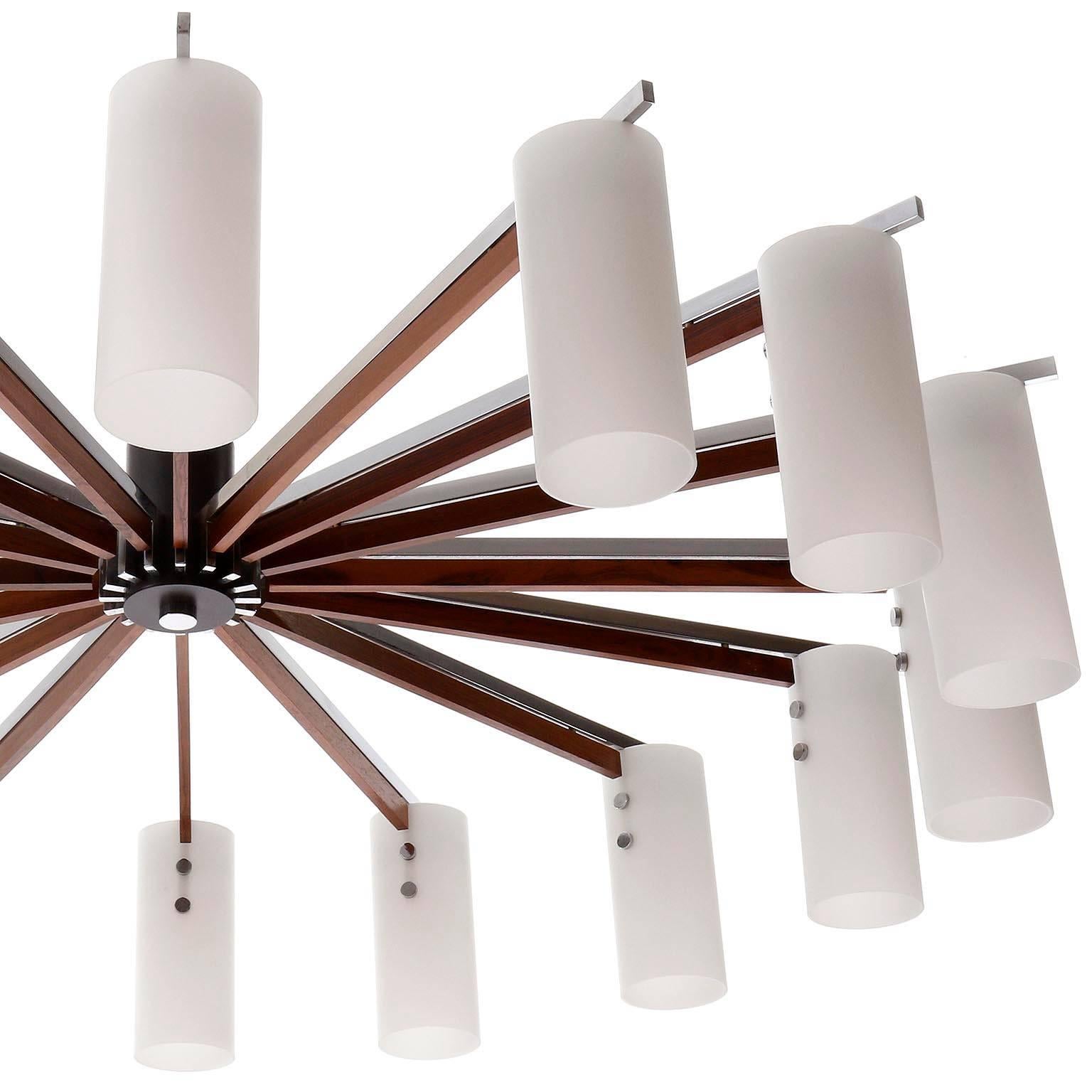 Huge Flush Mount Light Chandelier, Opal Glass Wood Teak Nickel, Austria, 1970 In Excellent Condition In Hausmannstätten, AT