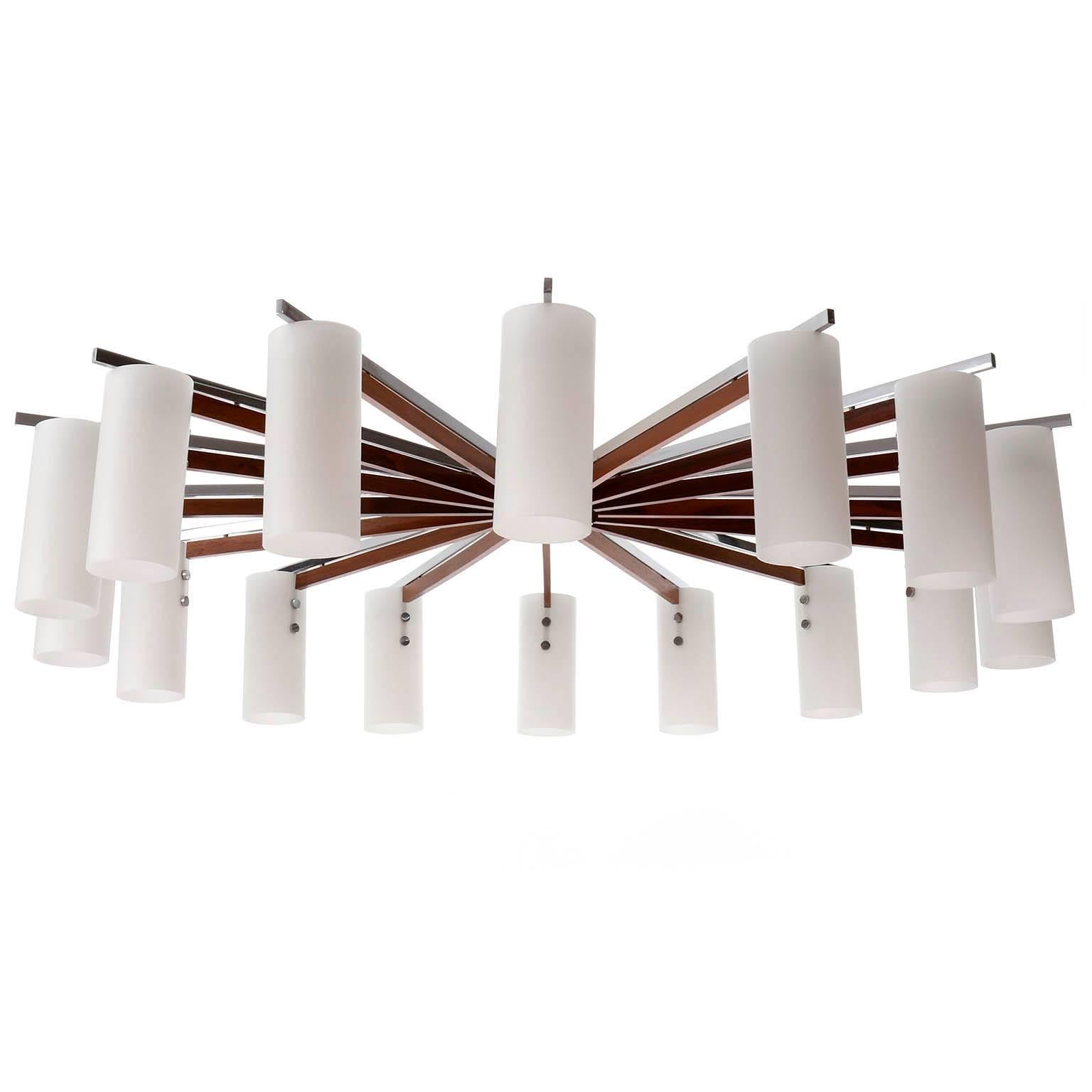 Mid-Century Modern Huge Flush Mount Light Chandelier, Opal Glass Wood Teak Nickel, Austria, 1970