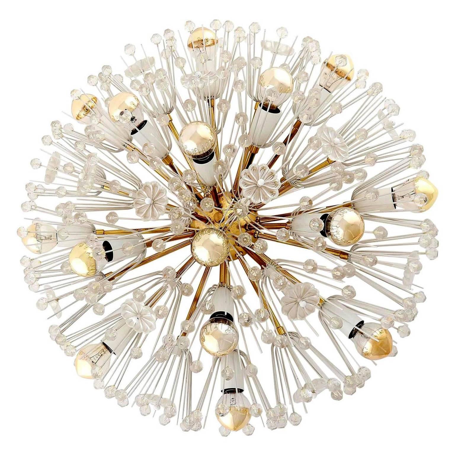 One of two large and outstanding 1950s Viennese Sputnik / blow ball / snowball light fixtures by Emil Stejnar for Rupert Nikoll, Vienna, Austria, manufactured in midcentury, circa 1950 (1950s-1960s).
They are made of brass, white enameled metal and