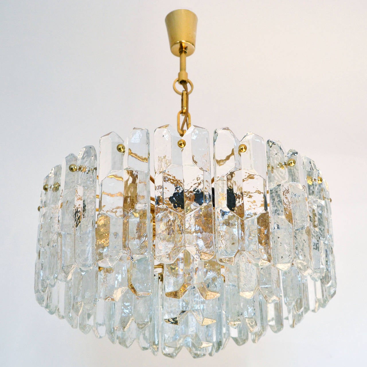 Mid-Century Modern Kalmar Ice Glass Chandelier, Gilt Brass Glass, 1970s For Sale