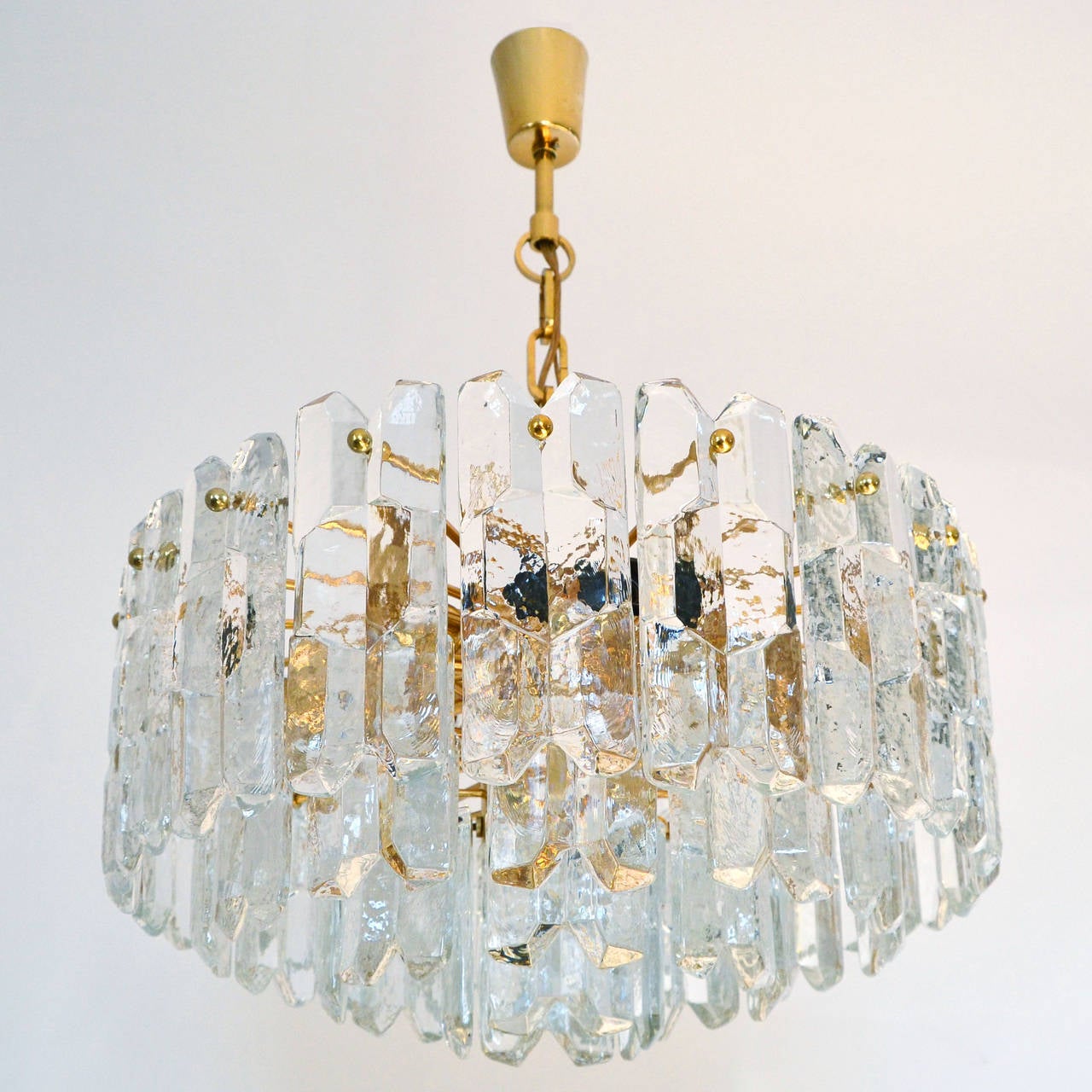 Hollywood Regency Kalmar Ice Glass Chandelier, Gilt Brass Glass, 1970s For Sale