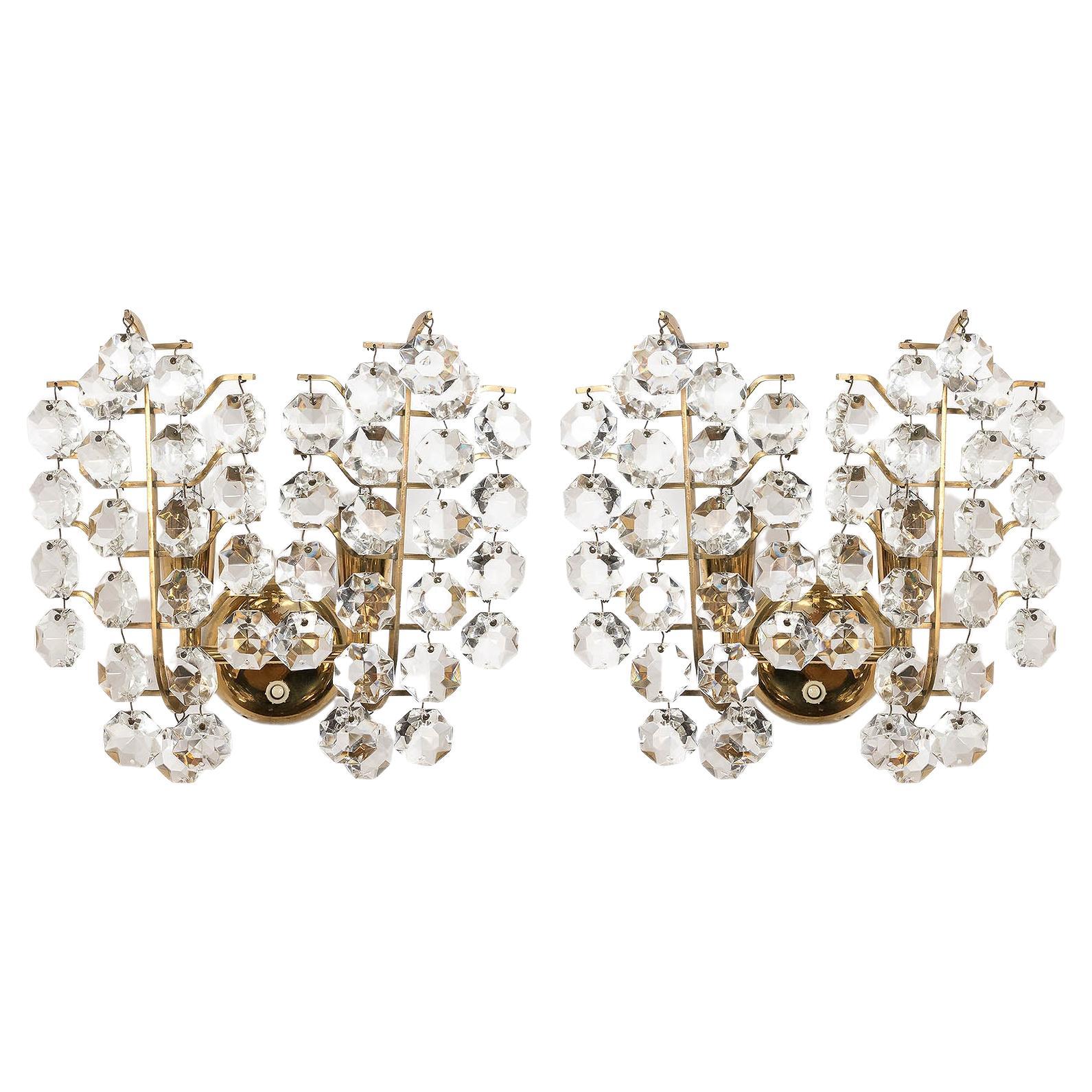 Pair of Bakalowits Sconces Wall Lights, Brass Crystal Glass, 1960s