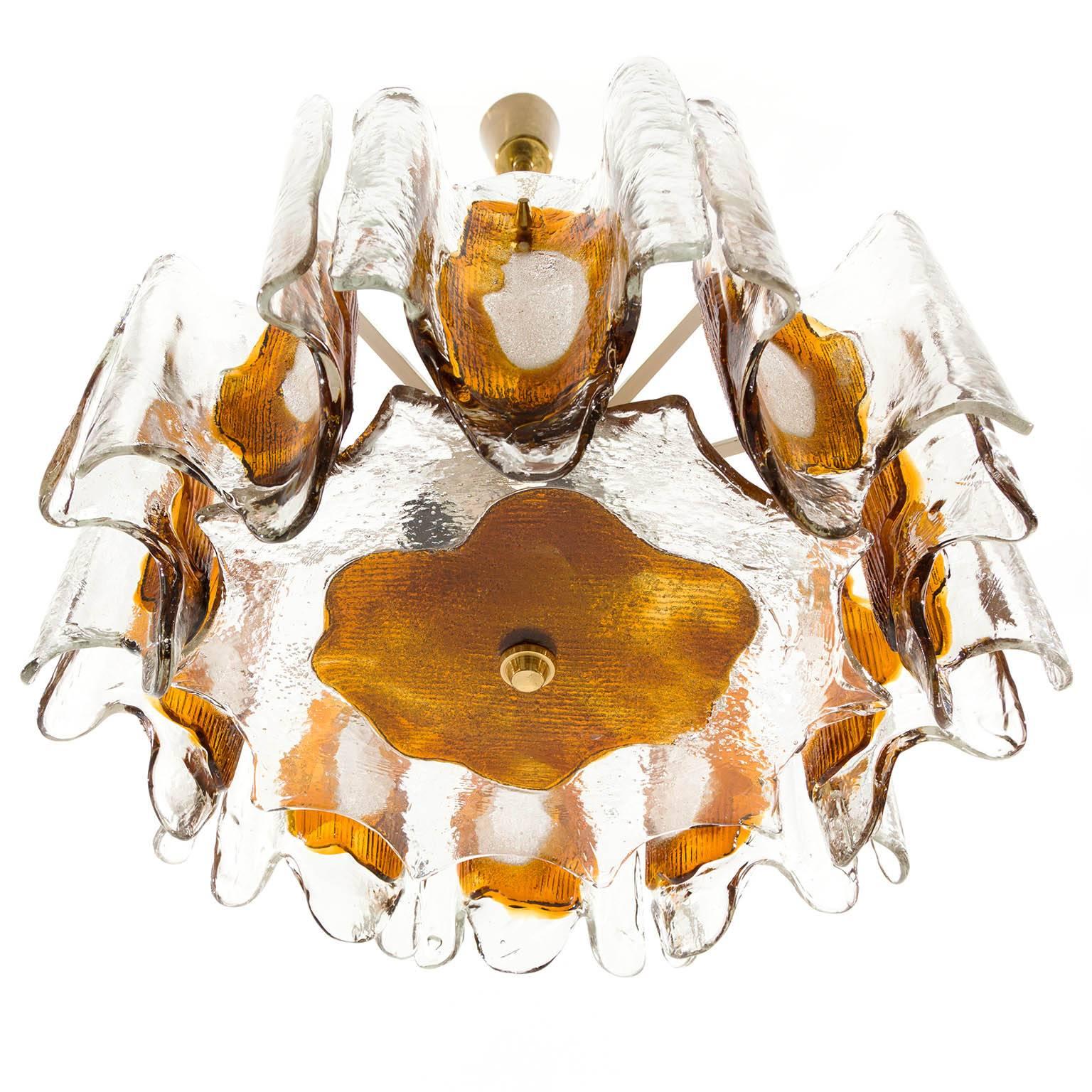 Mid-Century Modern Kalmar Chandelier Pendant Light Fixture, Murano Glass Brass, 1970s