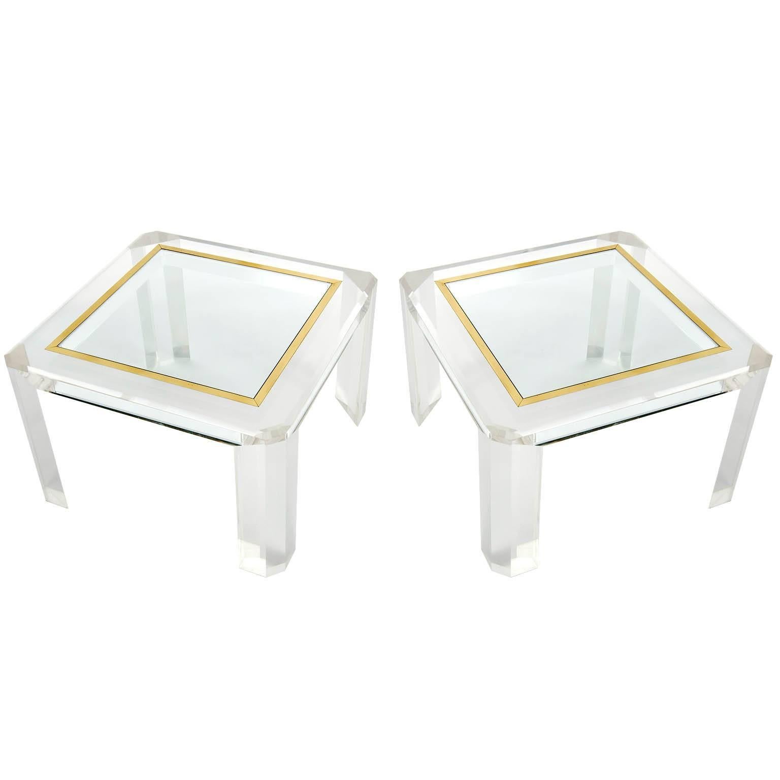 Pair of Lucite Coffee Cocktail Tables, Brass Glass, 1970s