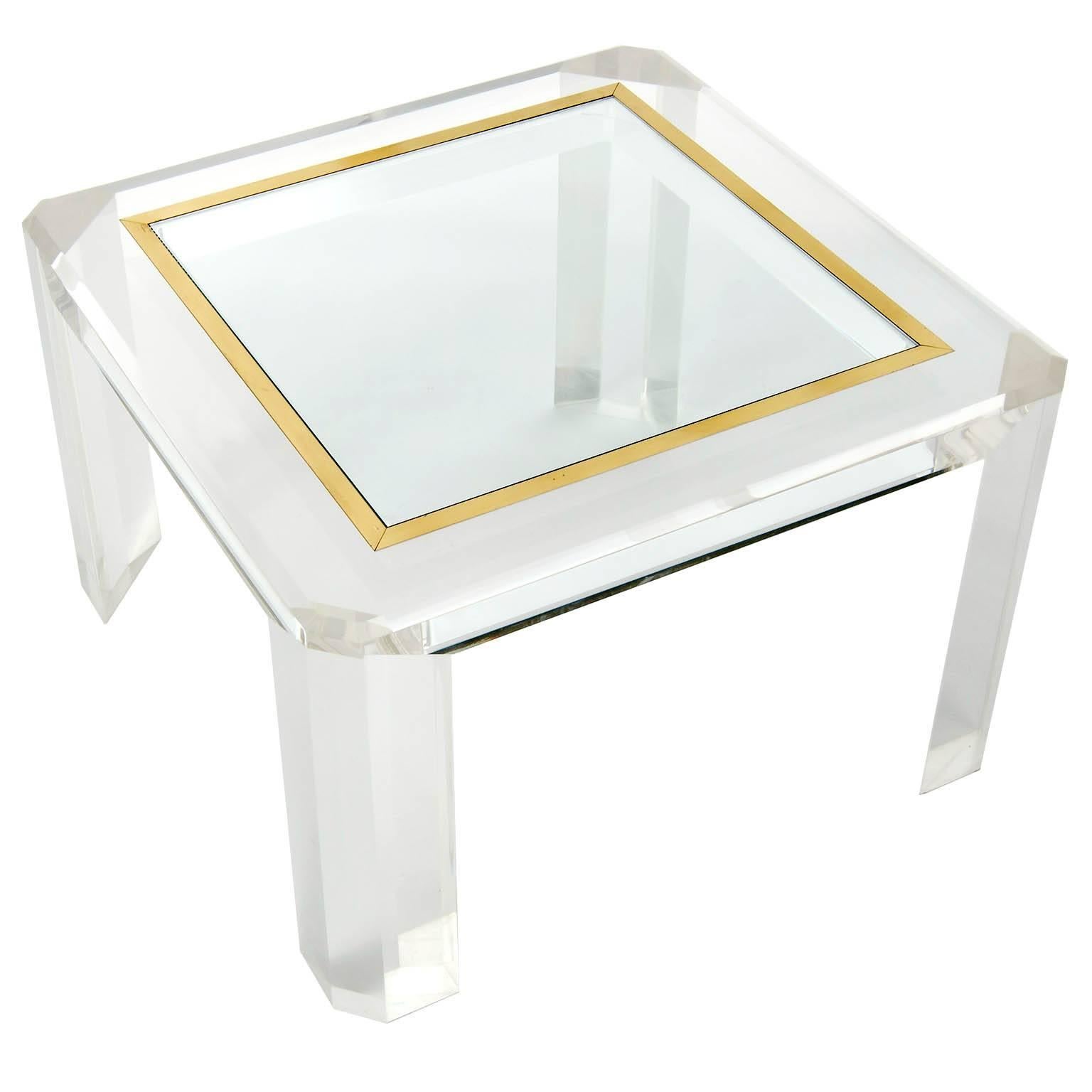Mid-Century Modern Pair of Lucite Coffee Cocktail Tables, Brass Glass, 1970s