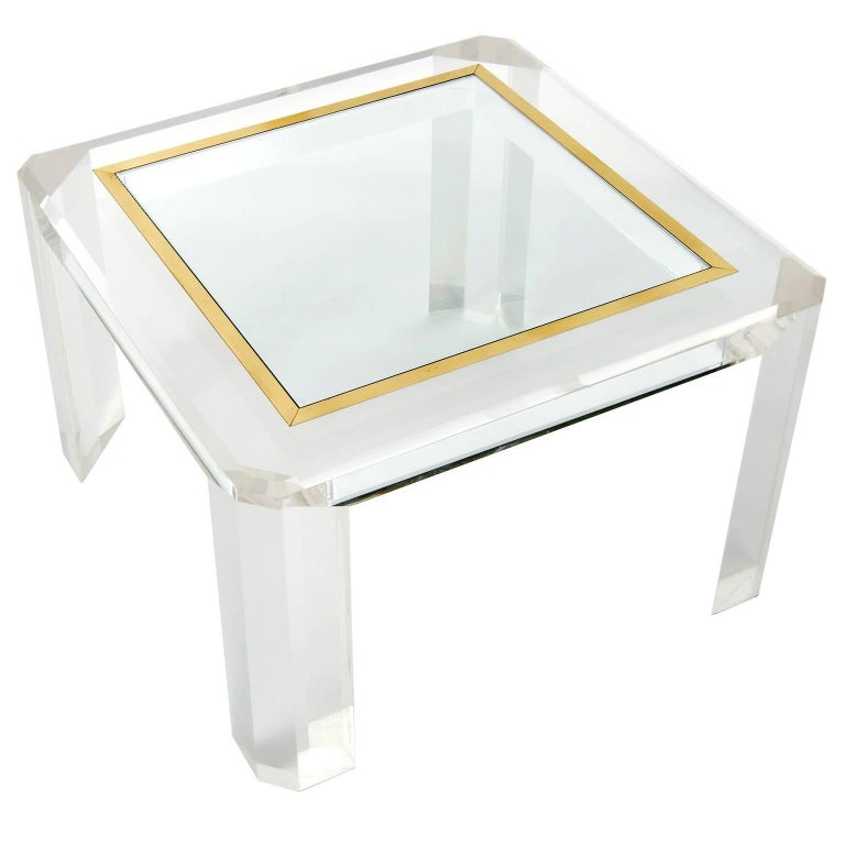 Mid-Century Modern Pair of Lucite Coffee Cocktail Tables, Brass Glass, 1970s For Sale