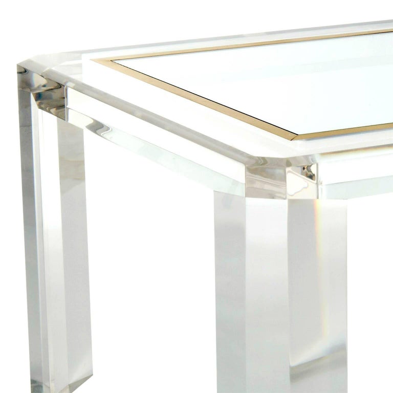 Pair of Lucite Coffee Cocktail Tables, Brass Glass, 1970s For Sale 2
