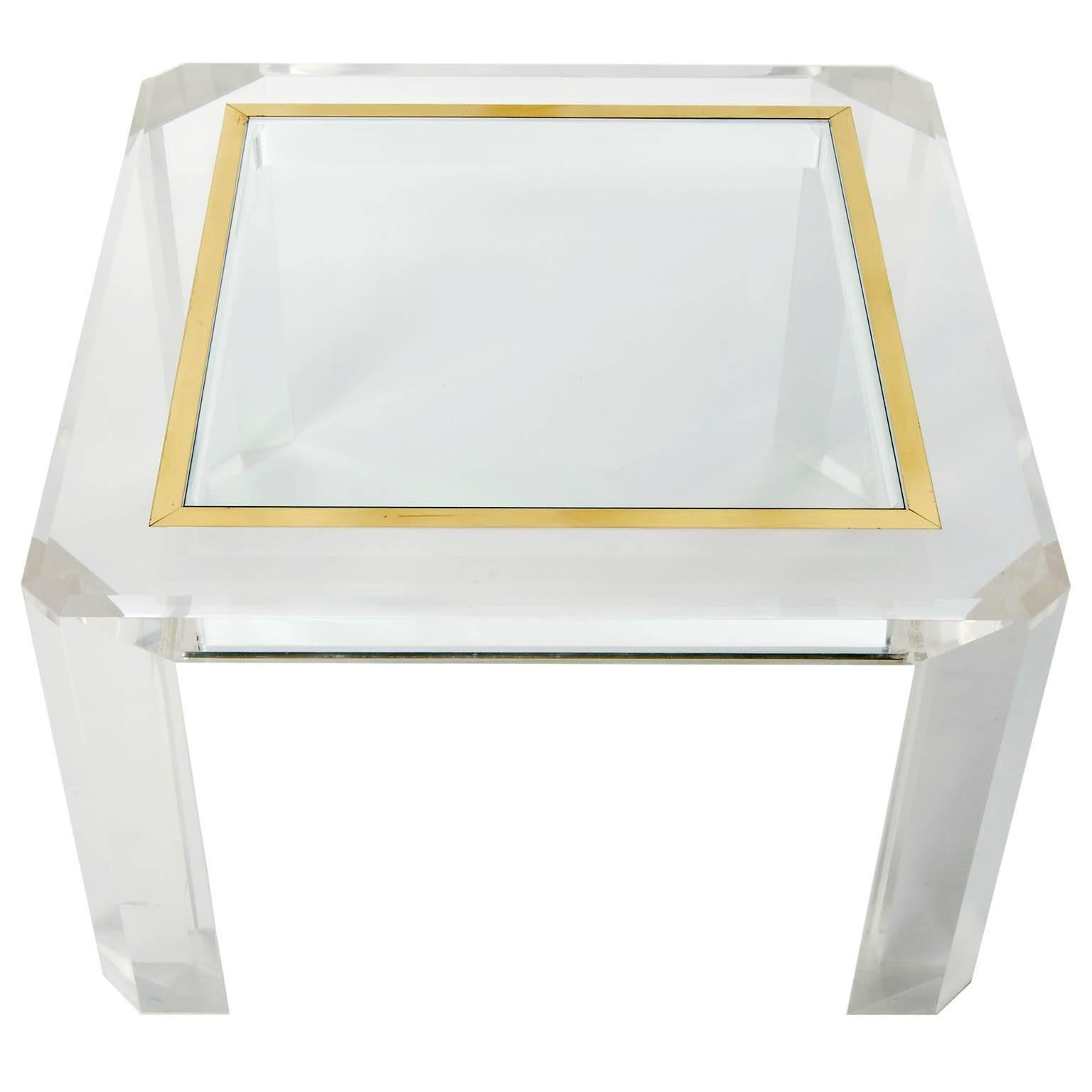 Late 20th Century Pair of Lucite Coffee Cocktail Tables, Brass Glass, 1970s