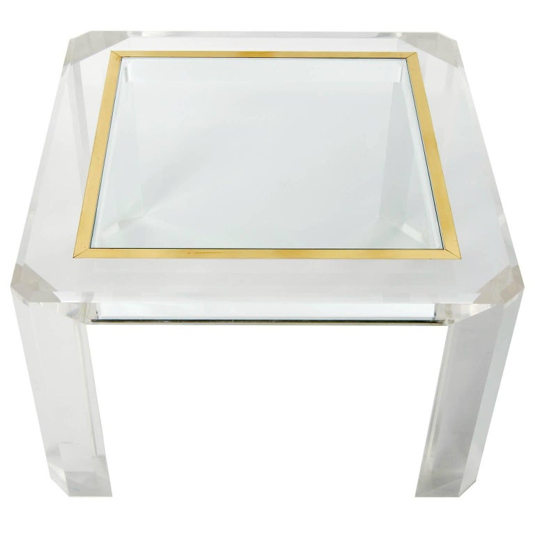 Late 20th Century Pair of Lucite Coffee Cocktail Tables, Brass Glass, 1970s For Sale