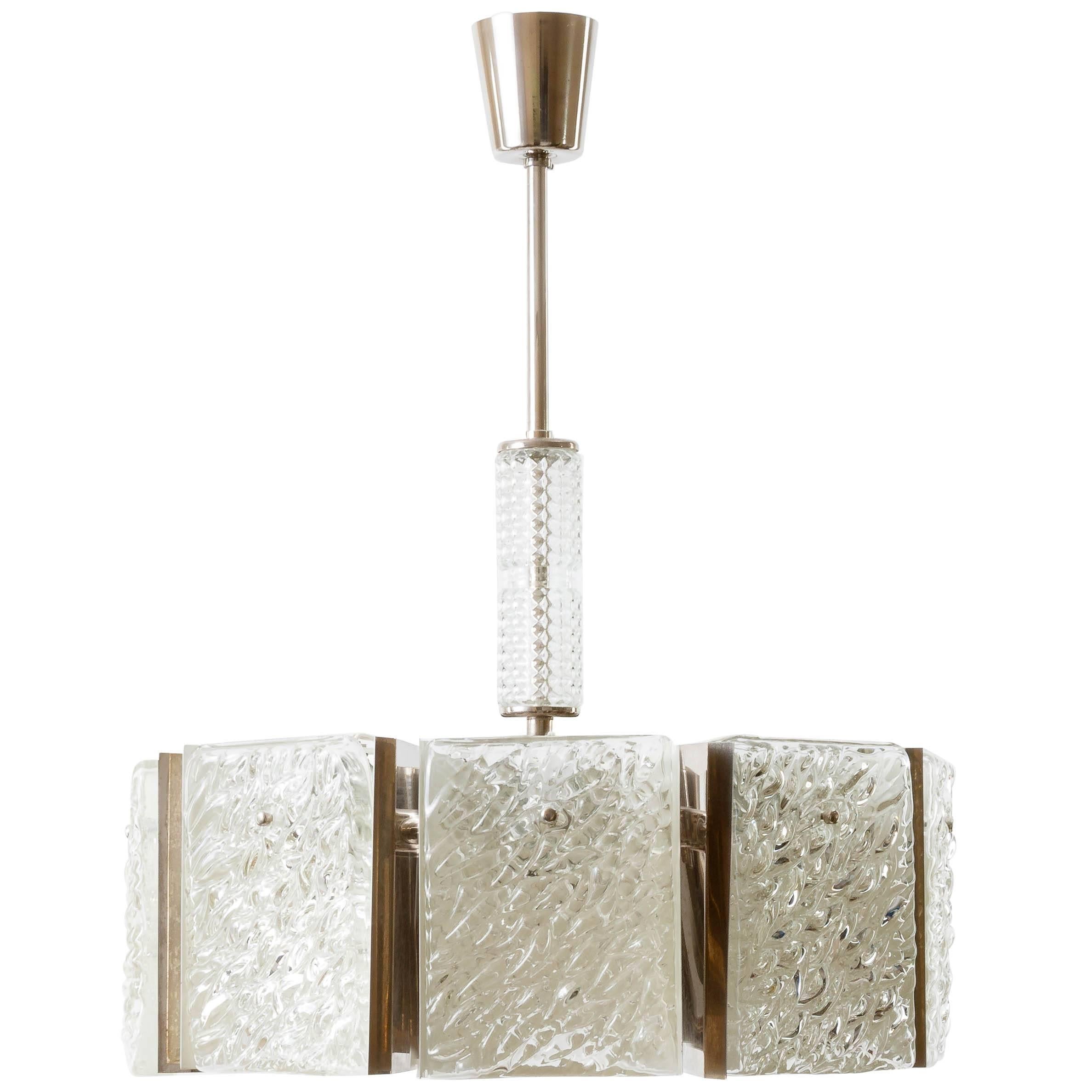 Mid-Century Modern Chandelier, Rupert Nikoll, Textured Glass Nickel Chrome, 1960 For Sale