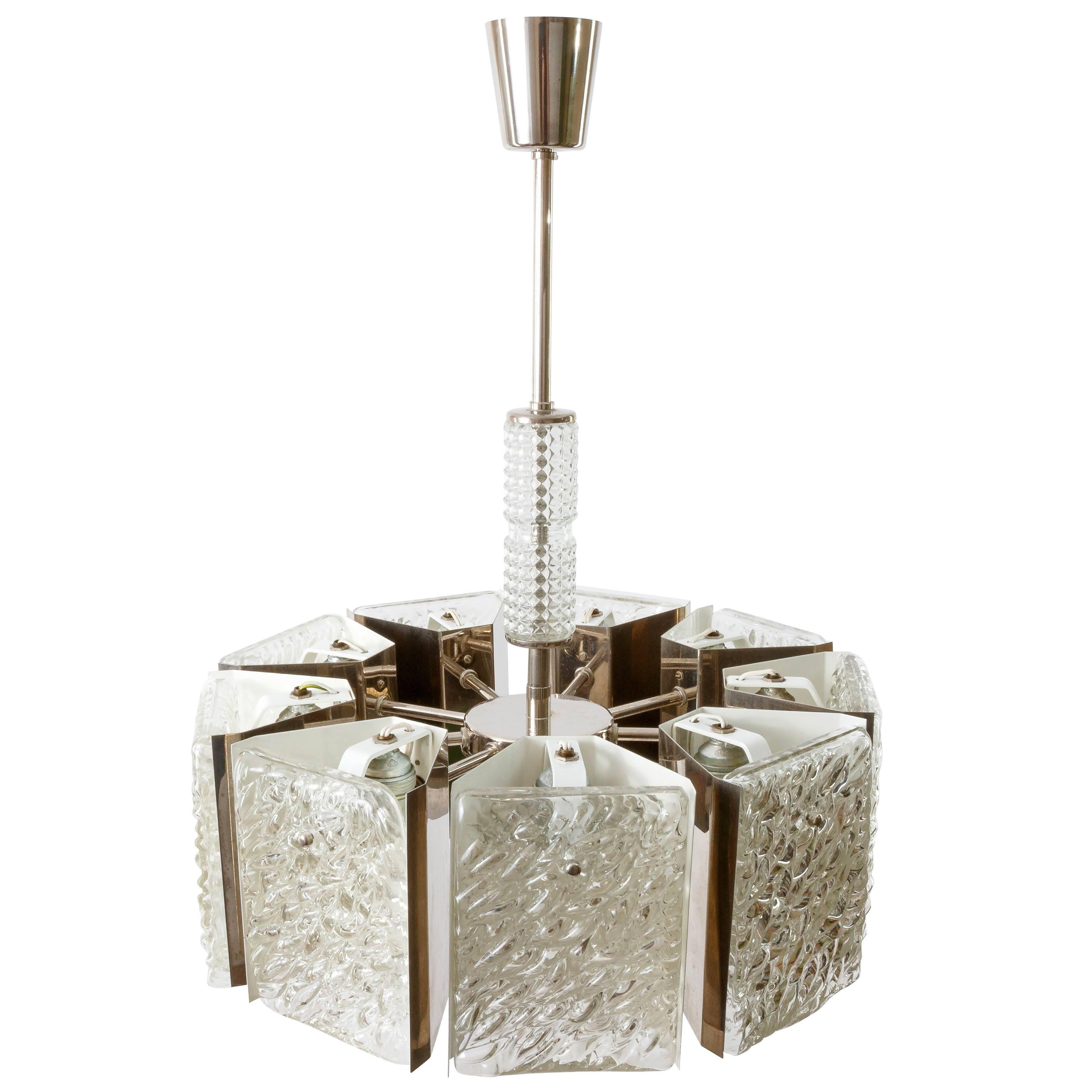 Enameled Mid-Century Modern Chandelier, Rupert Nikoll, Textured Glass Nickel Chrome, 1960 For Sale