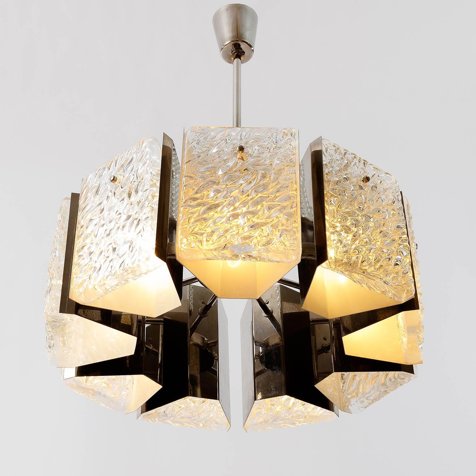 Mid-20th Century Mid-Century Modern Chandelier, Rupert Nikoll, Textured Glass Nickel Chrome, 1960 For Sale