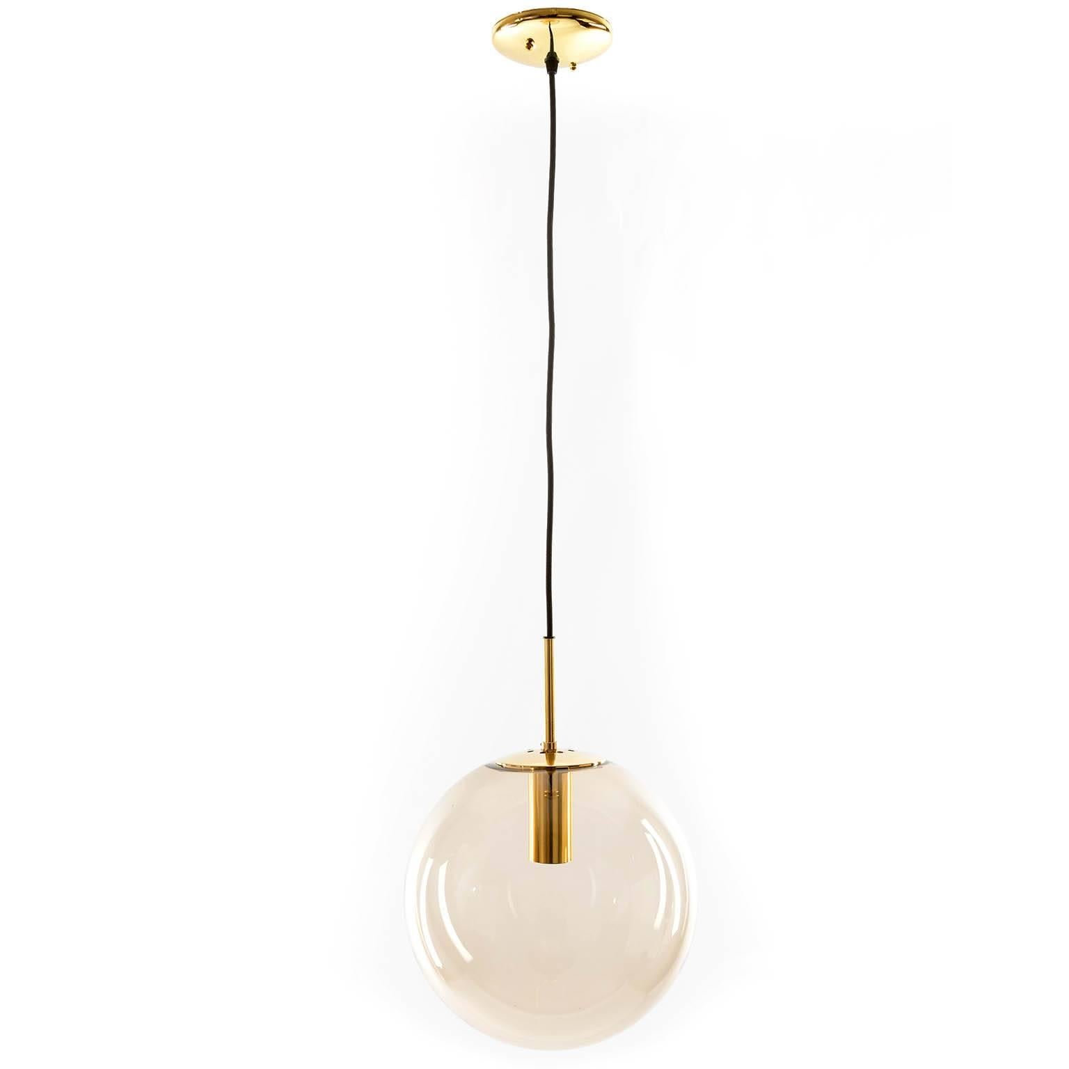 Mid-Century Modern Set of Six Limburg Globe Pendant Lights, Brass and Smoked Glass, 1970s