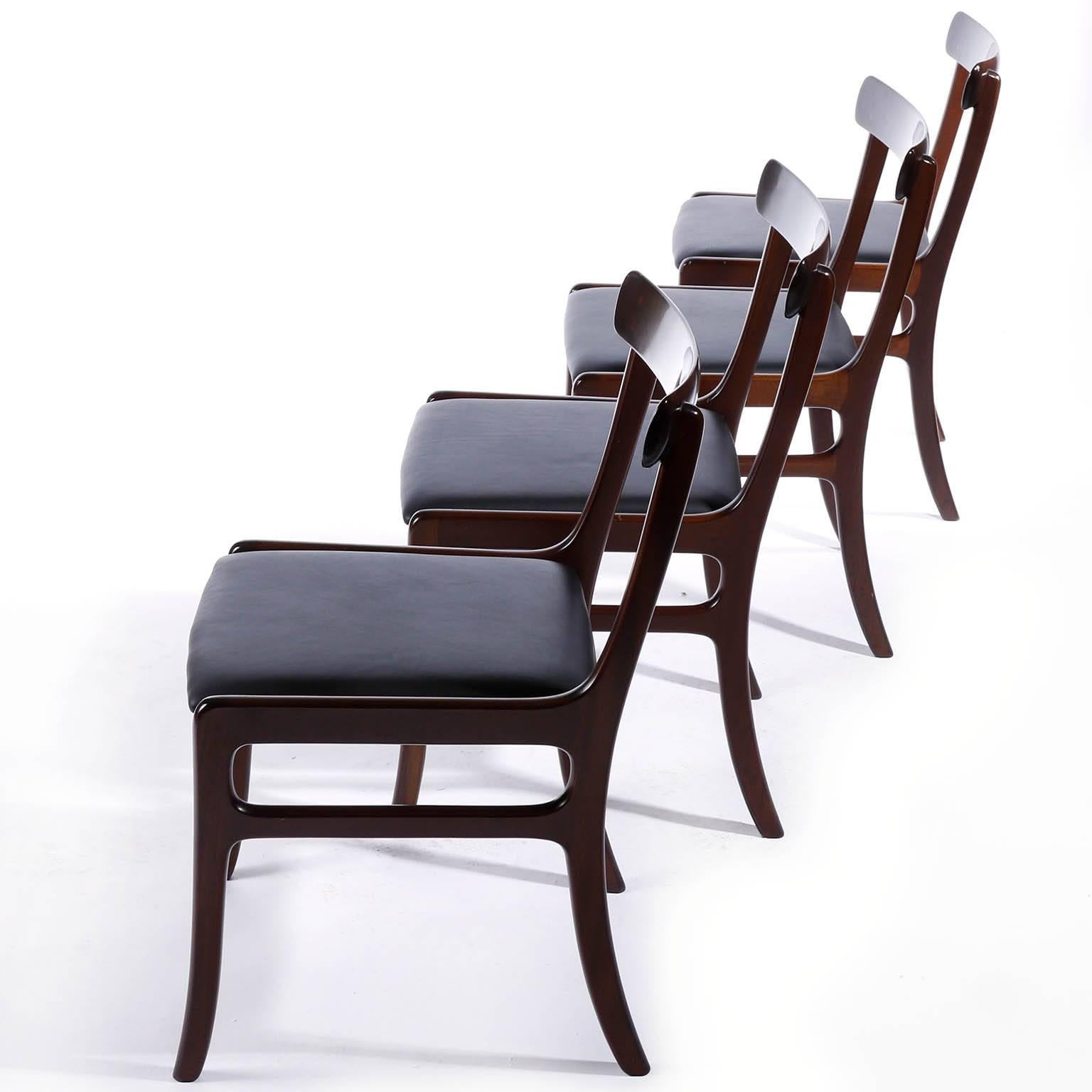 Set of Four Ole Wanscher Dining Chairs Rungstedlund Mahogany Black Leather 1960s 2