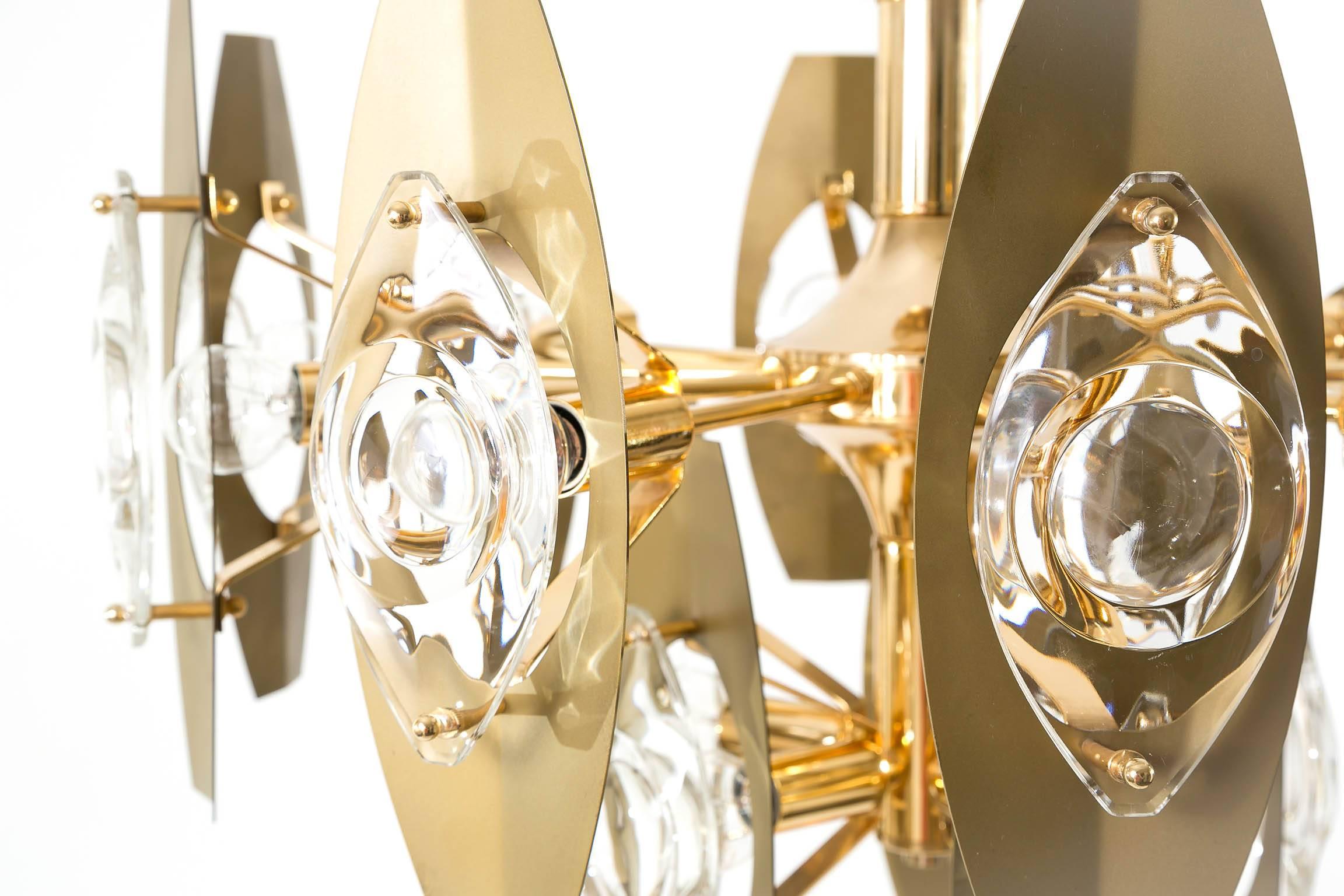 Oscar Torlasco Chandelier, Glass Brass Glass, Italy, 1968 For Sale 1