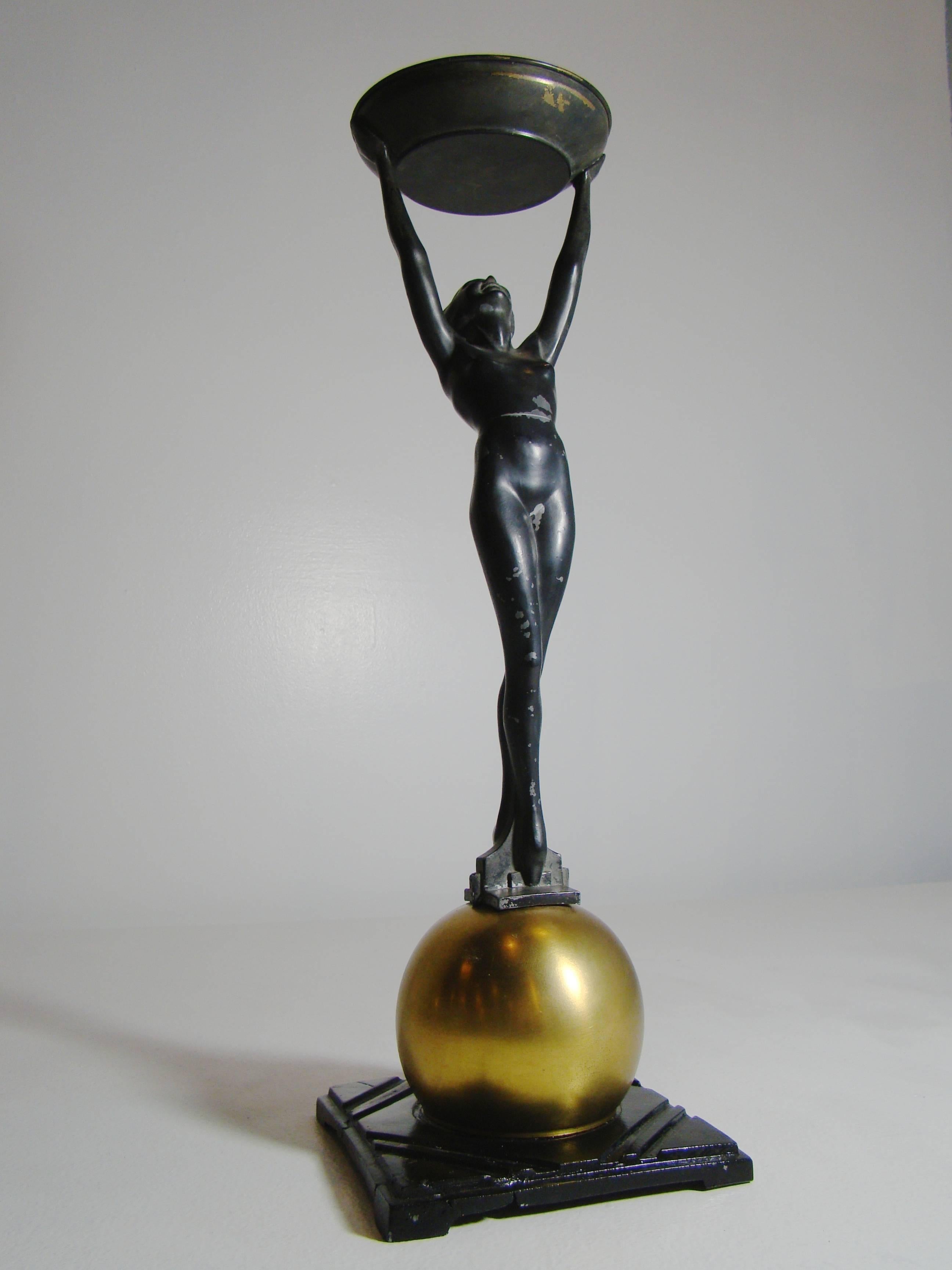 American Art Deco Frankart Nude Metal Two-Foot Ashstand T 330, circa 1920s In Good Condition In Denver, CO