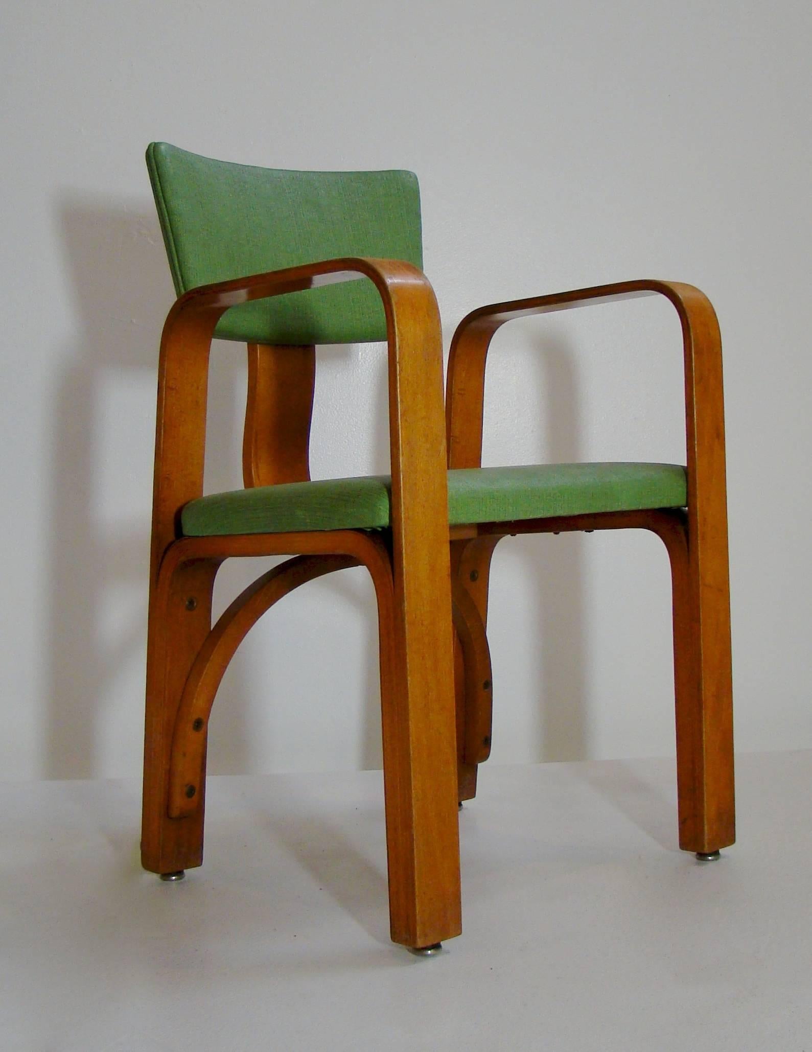Rare surviving bentwood and green vinyl upholstered child's chair attributed to Thonet.