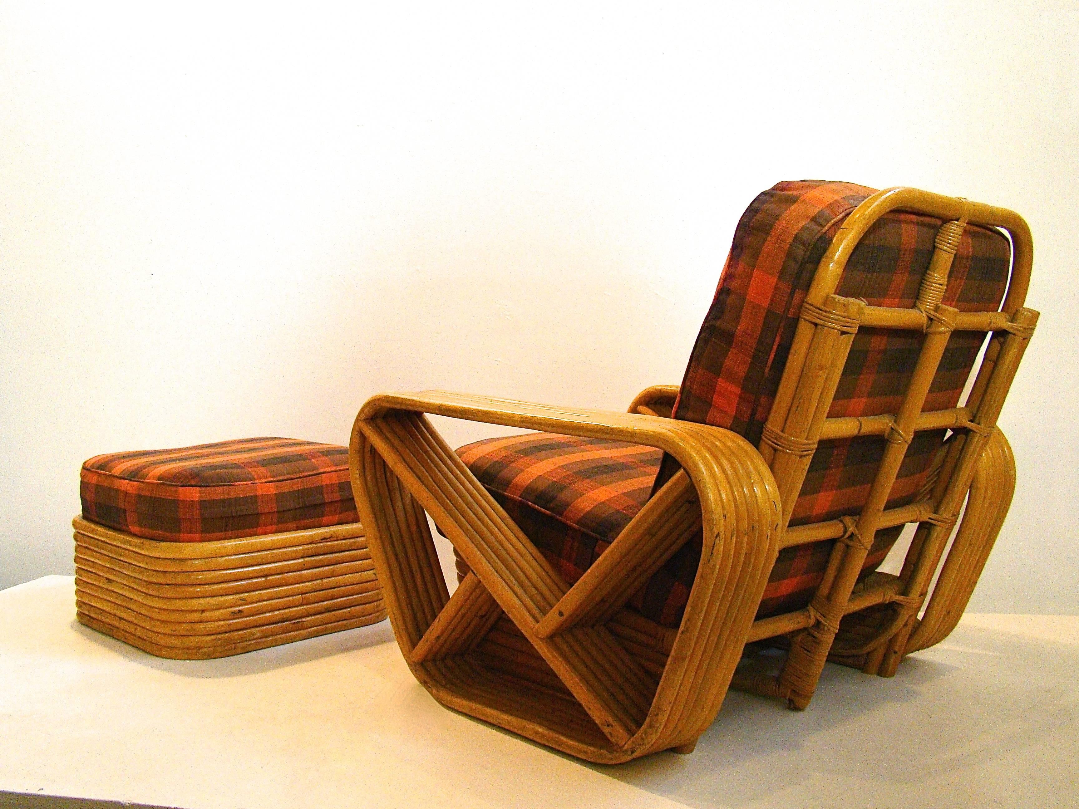 Mid-20th Century Paul Frankl Style Rattan Club Chair and Ottoman SATURDAY SALE For Sale