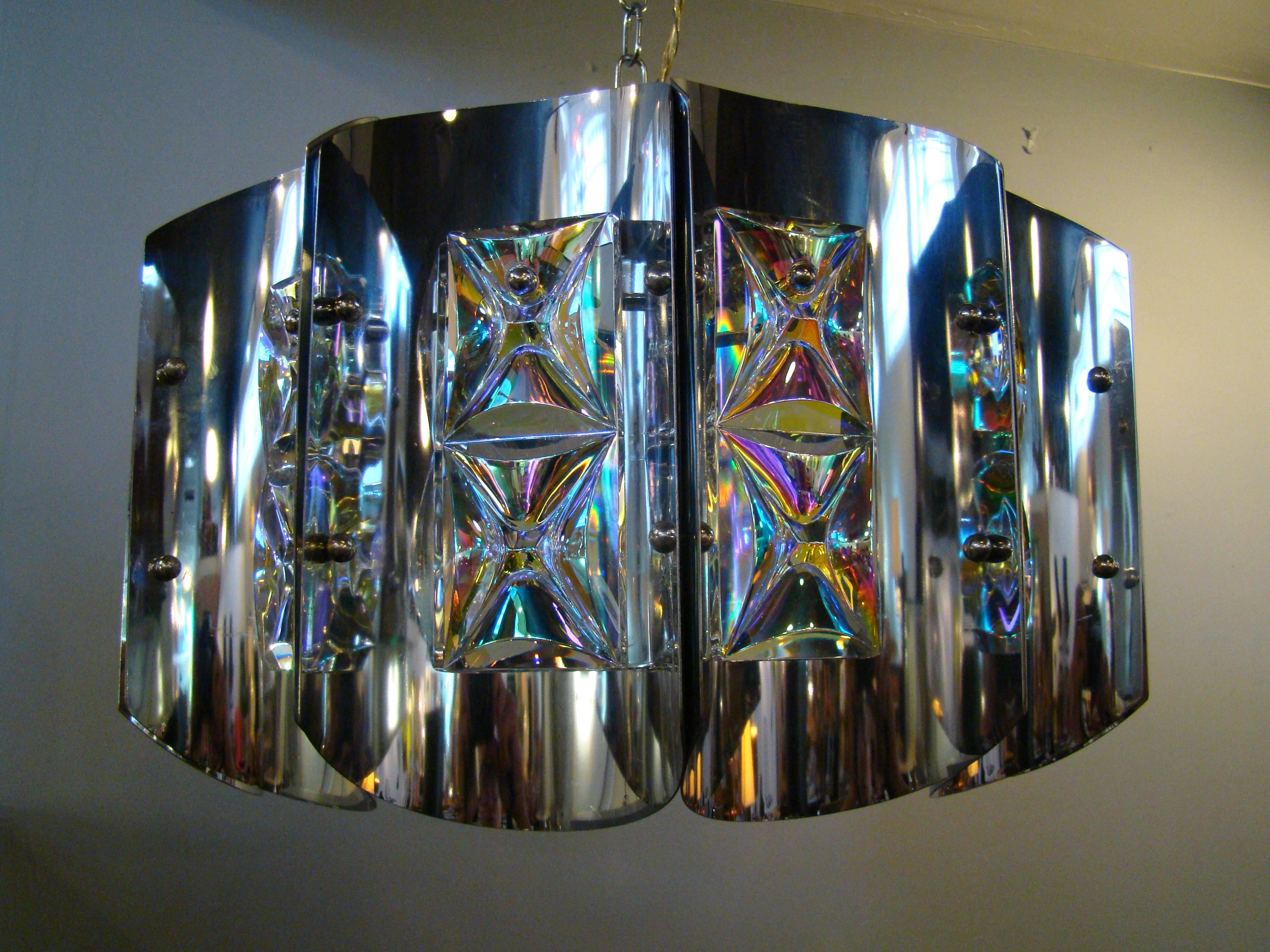 Stunning Modernist Chrome and Crystal Pendant Light after Sciolari In Good Condition For Sale In Denver, CO