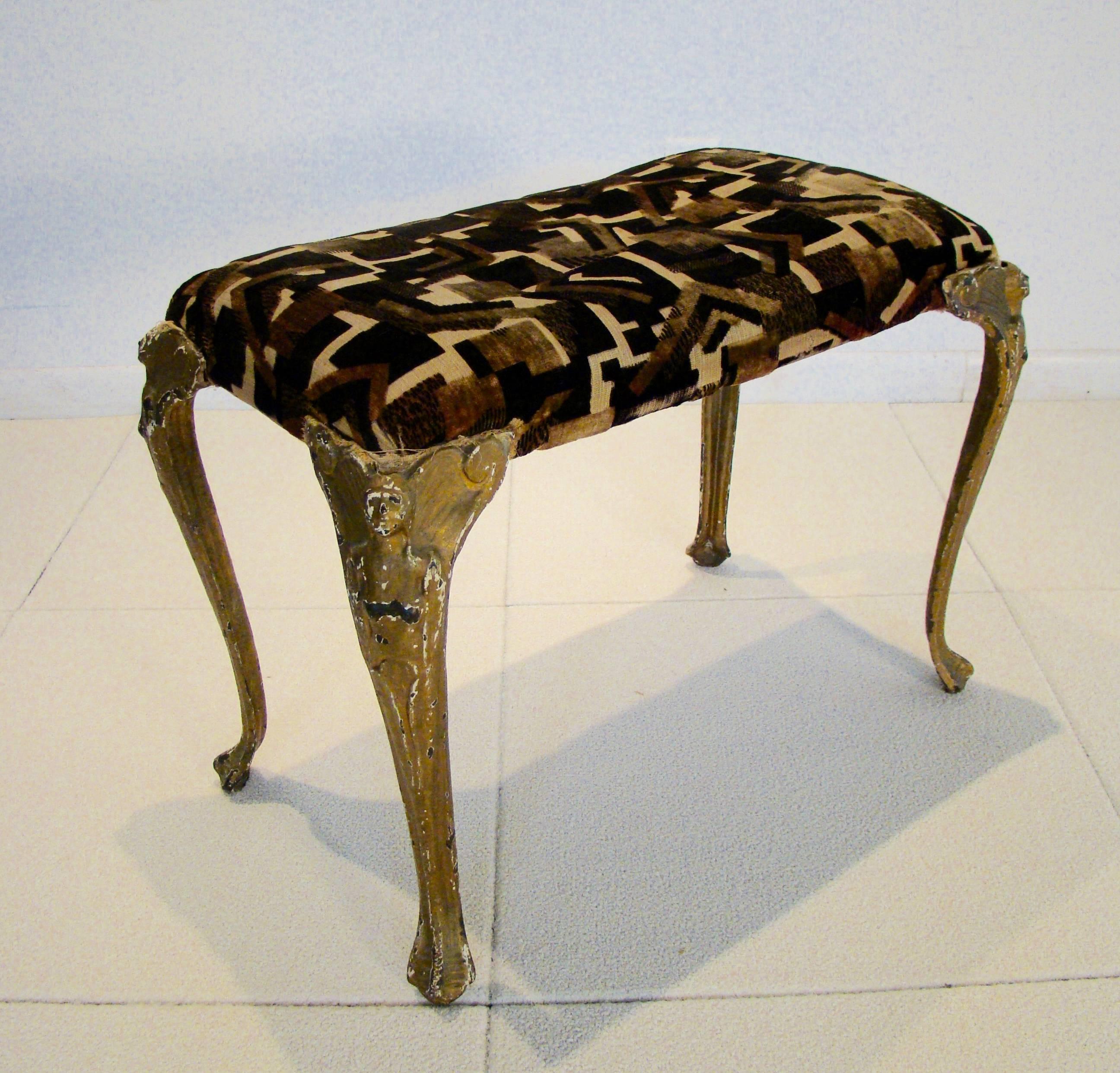 Beautiful Art Deco boudoir bench/stool with geometric upholstery and nude cast metal legs, Frankart era. Legs are by Art Specialty 824. Piece looks to have been reupholstered at some point but a killer choice with the period correct geometrics.