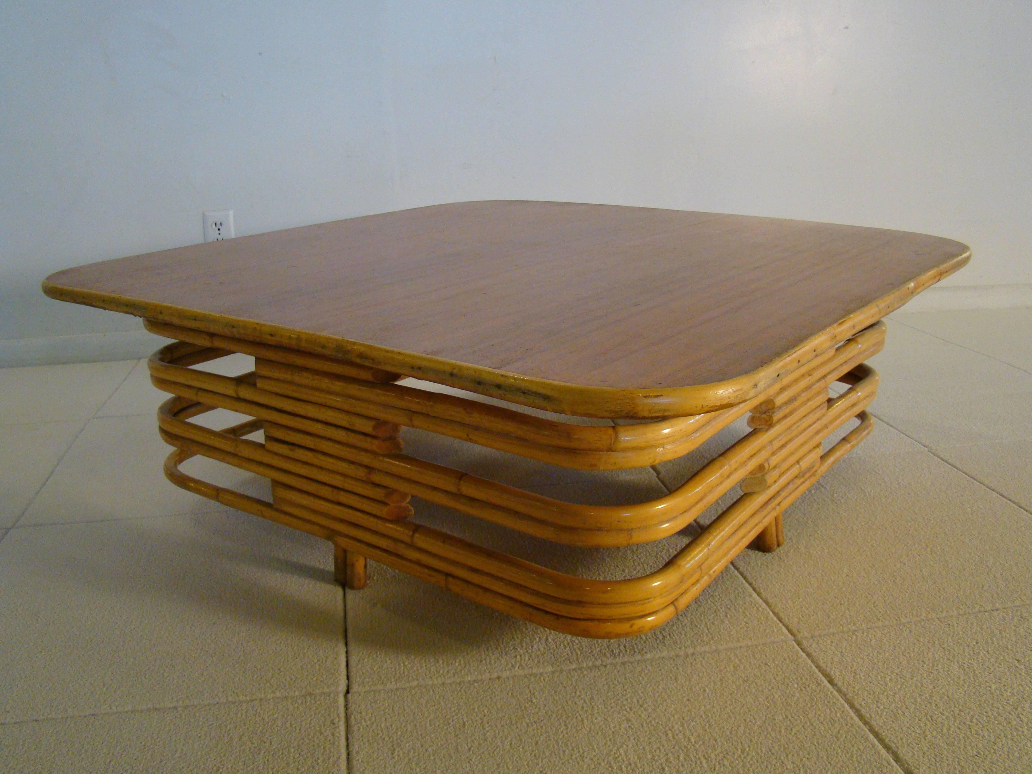 Mid-20th Century Large Square Rattan Bamboo Stacked Coffee Table