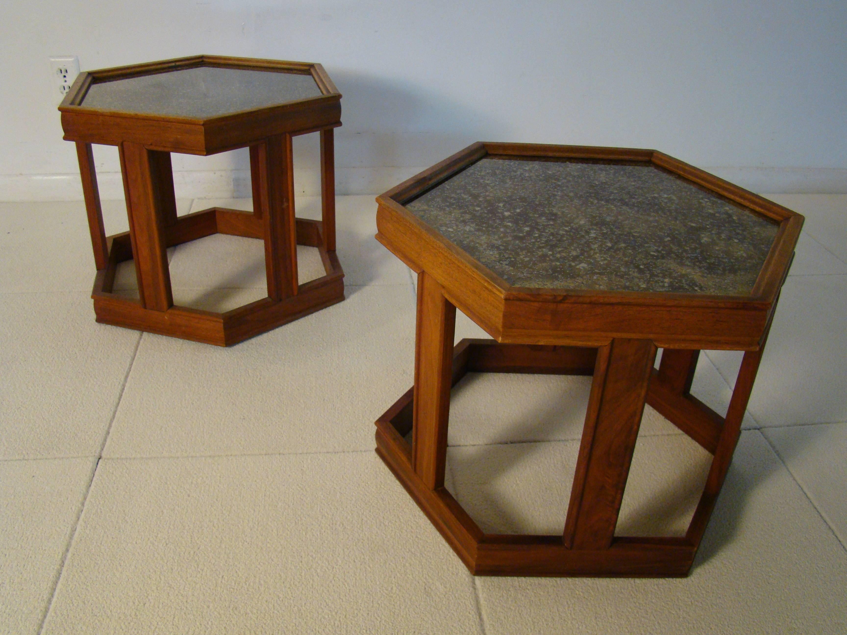 Beautiful set of John Keal walnut and reverse painted hexagonal architectural tables. Retains original paper label on the underside.