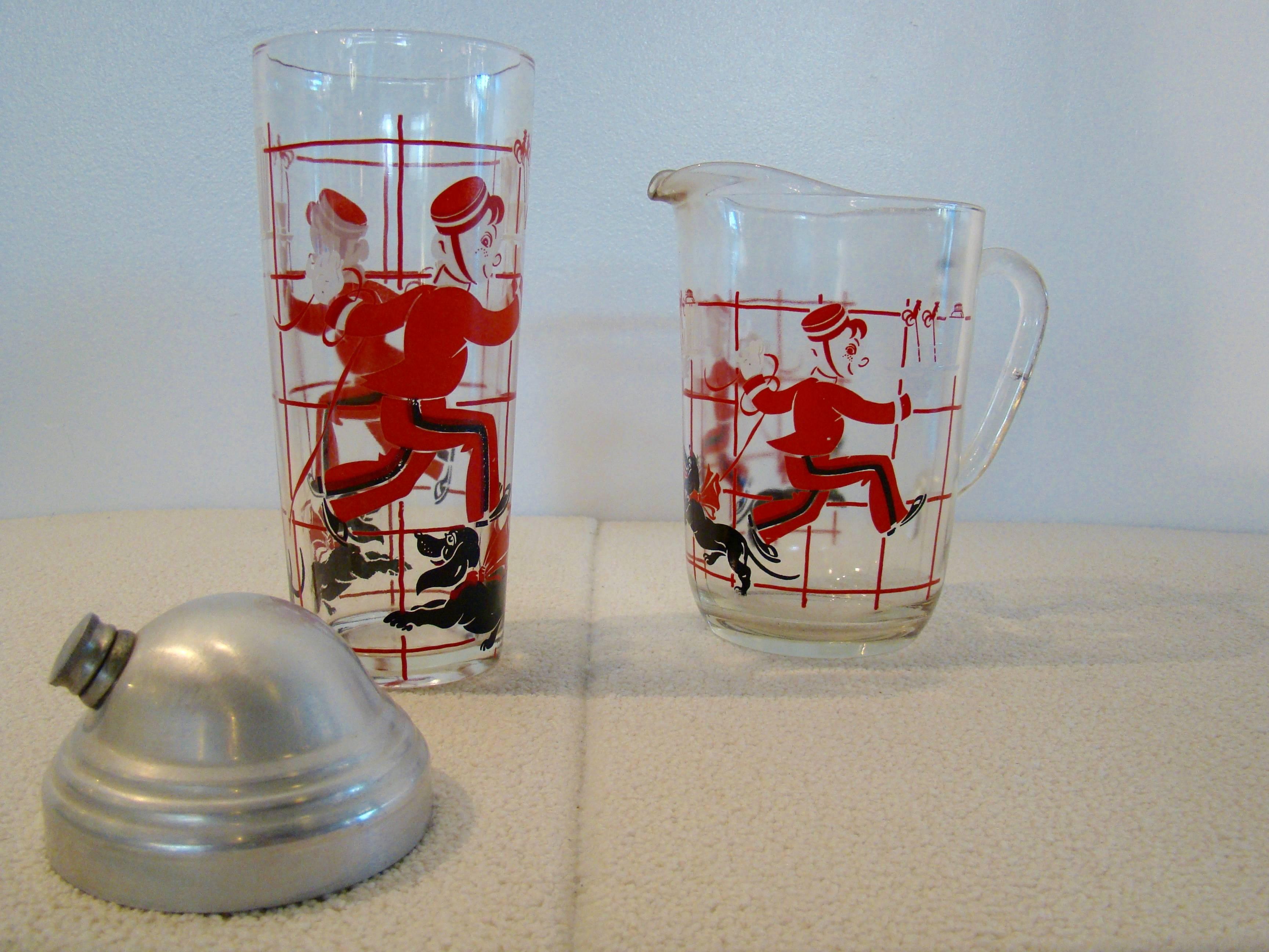 American Art Deco Silkscreen Figural Cocktail Shaker and Pitcher Barware Set For Sale