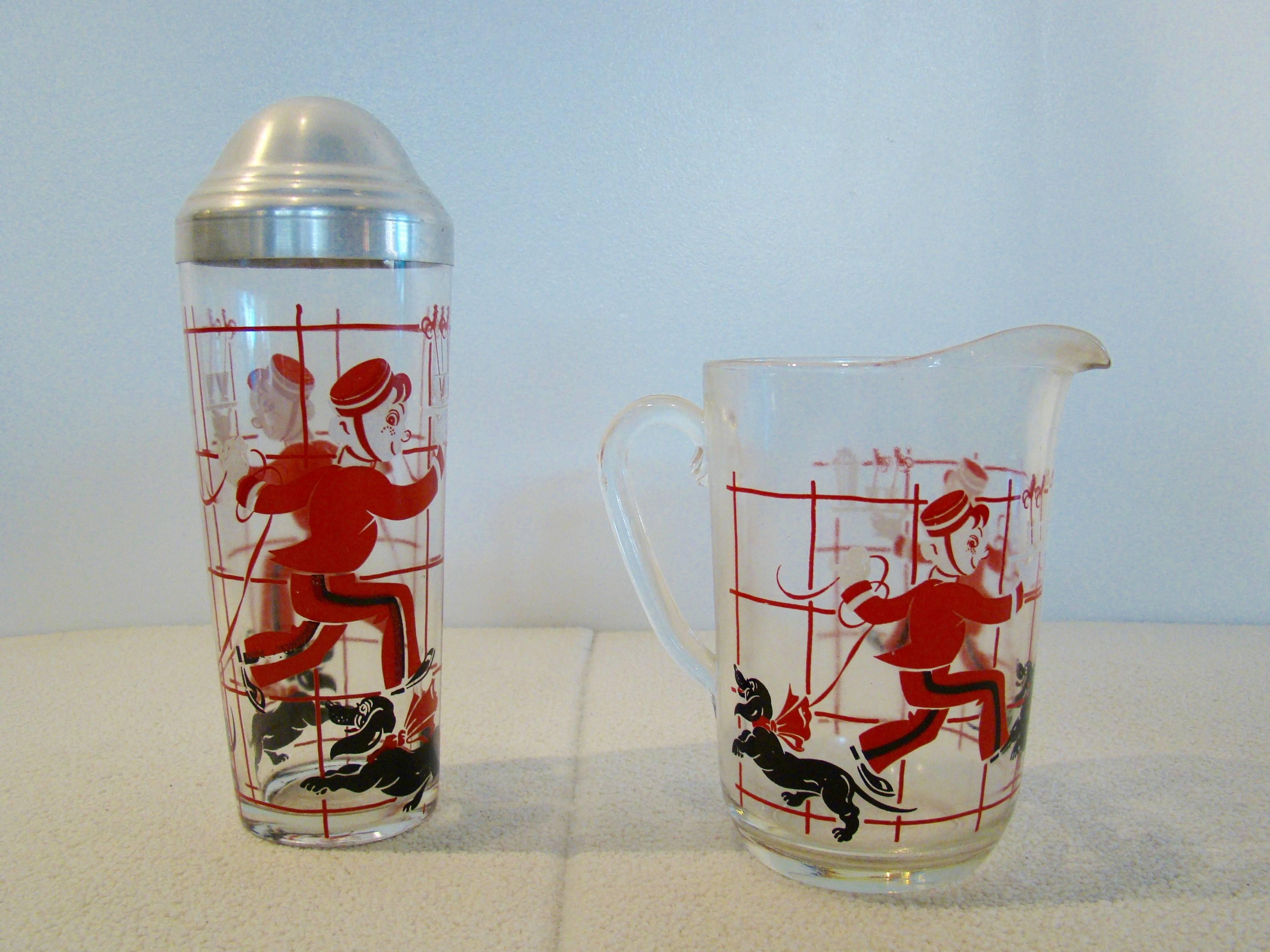 Whimsical silkscreen bellhop and dachshunds delivering cocktails, circa 1930s.
Hard to find Shaker and pitcher set. A nice addition to your barware collection.
Shaker has aluminum top.
Measures: Shaker is 10.5 