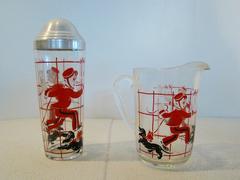Art Deco Silkscreen Figural Cocktail Shaker and Pitcher Barware Set