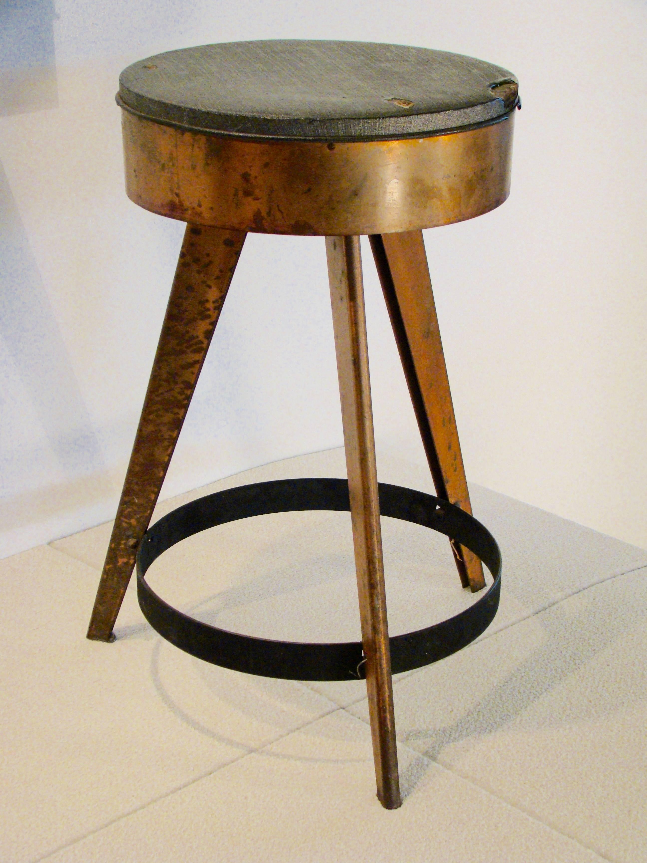 Unusual vintage counter-height stool. Vinyl seat, copper plated metal frame and legs, blackened steel foot ring. Nice patina.