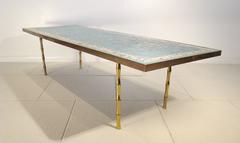 Inlaid Tile and Brass Cocktail or Coffee Table with Brass Bamboo Legs
