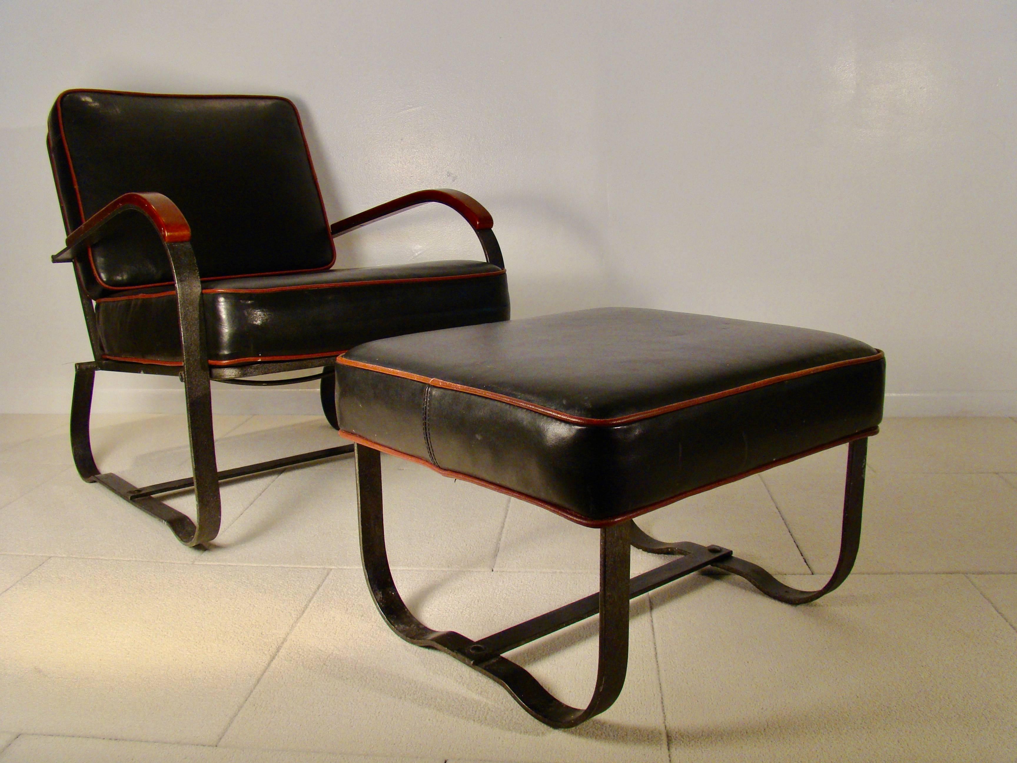 American Elusive Art Deco Machine Age Steel Lounge Chair and Ottoman by McKay