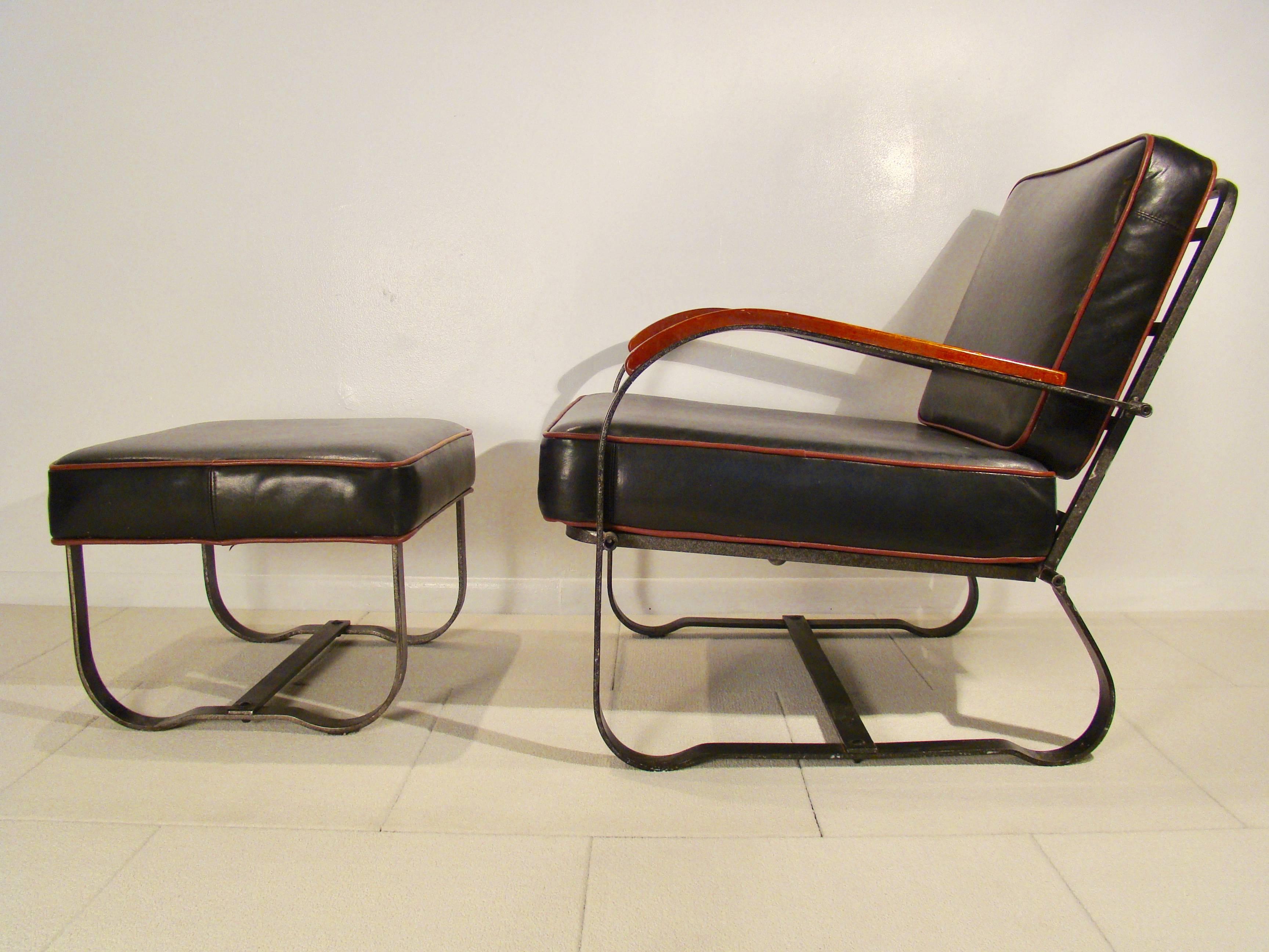 Stunning and rare Art Deco machine age lounge chair and ottoman by McKay. Looks to be all original and built like a tank. From every angle, it is gorgeous and the depth of the chair makes it that much more comfortable and charming. McKay Furniture
