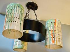 Large Colorful Cylindrical Ceramic and Metal Three Globe Chandelier