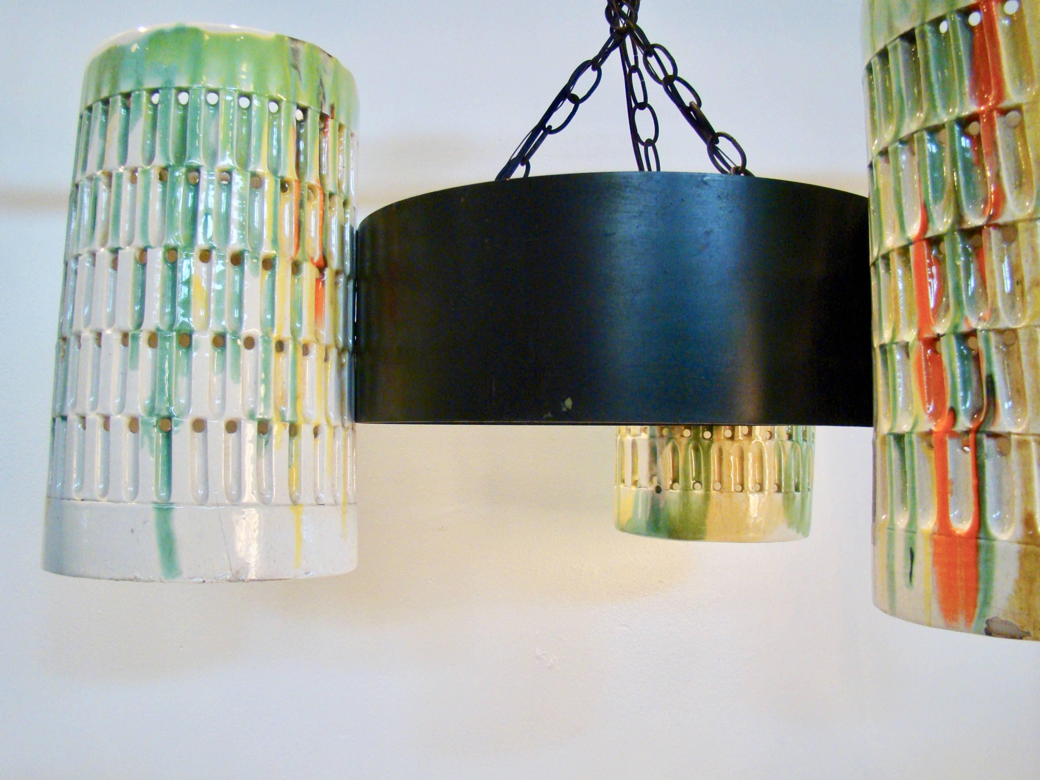 Mid-Century Modern Large Colorful Cylindrical Ceramic and Metal Three Globe Chandelier For Sale