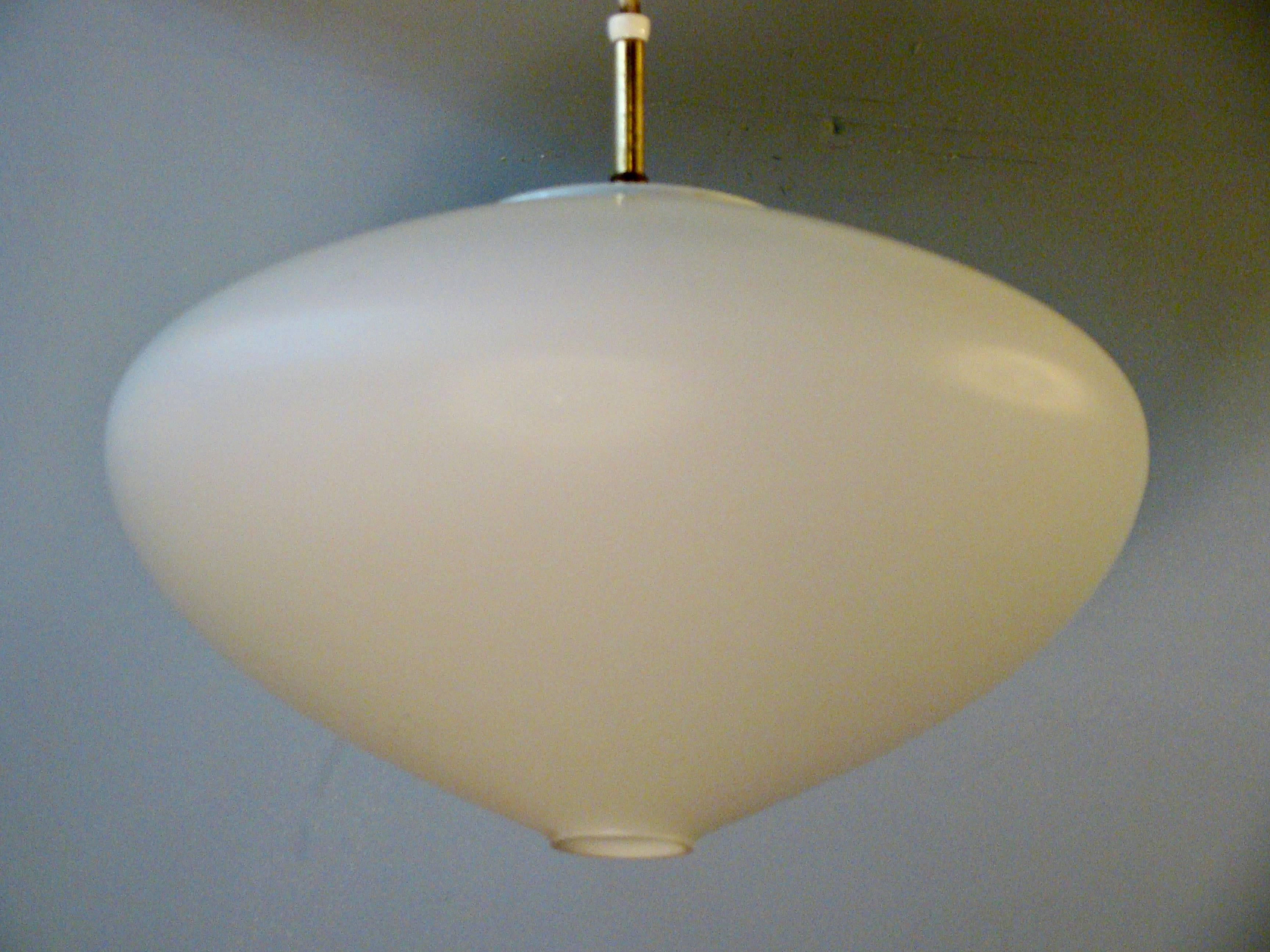 White opaline glass diamond shaped hanging pendant. Retains partial paper manufacturers sticker.

One more available
Measurement given below for height is to the top of the brass stem.